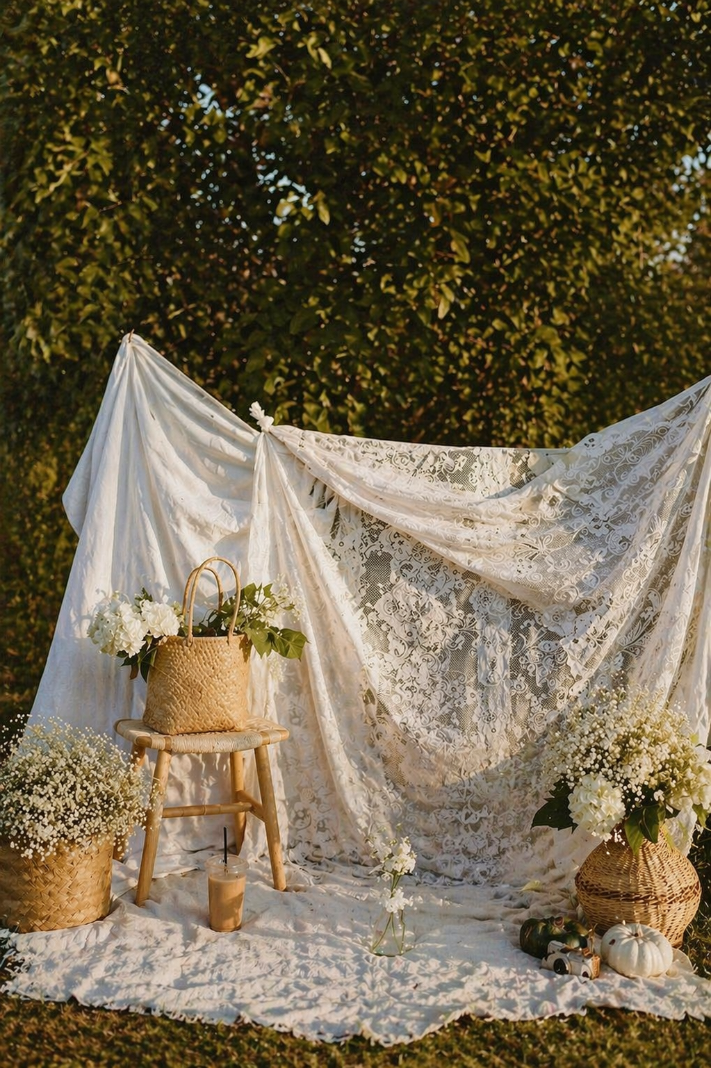 Boho outdoor photo backdrop with lace fabric, wicker baskets, white flowers, and a wooden stool on grass in Cincinnati, Ohio.