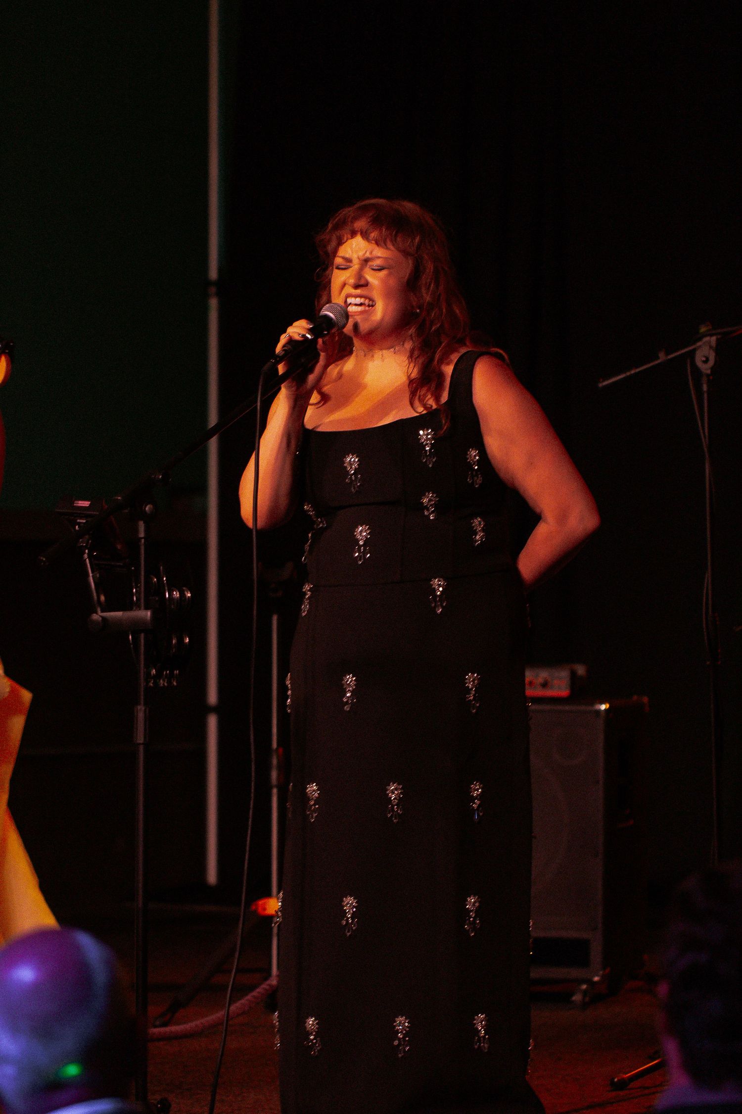 Woman in black embroidered gown sings passionately into microphone on concert stage.