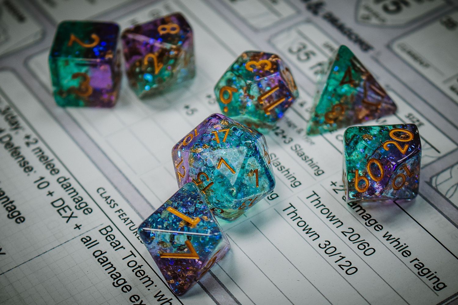 Colorful polyhedral RPG dice set with teal and purple swirls on a Dungeons and Dragons character sheet.
