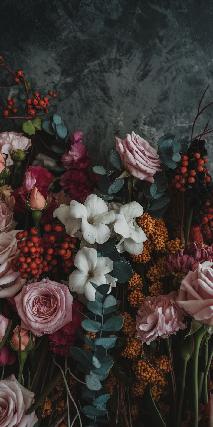 Lush floral arrangement with pink roses, white blooms, red berries, and eucalyptus against a dark moody background.