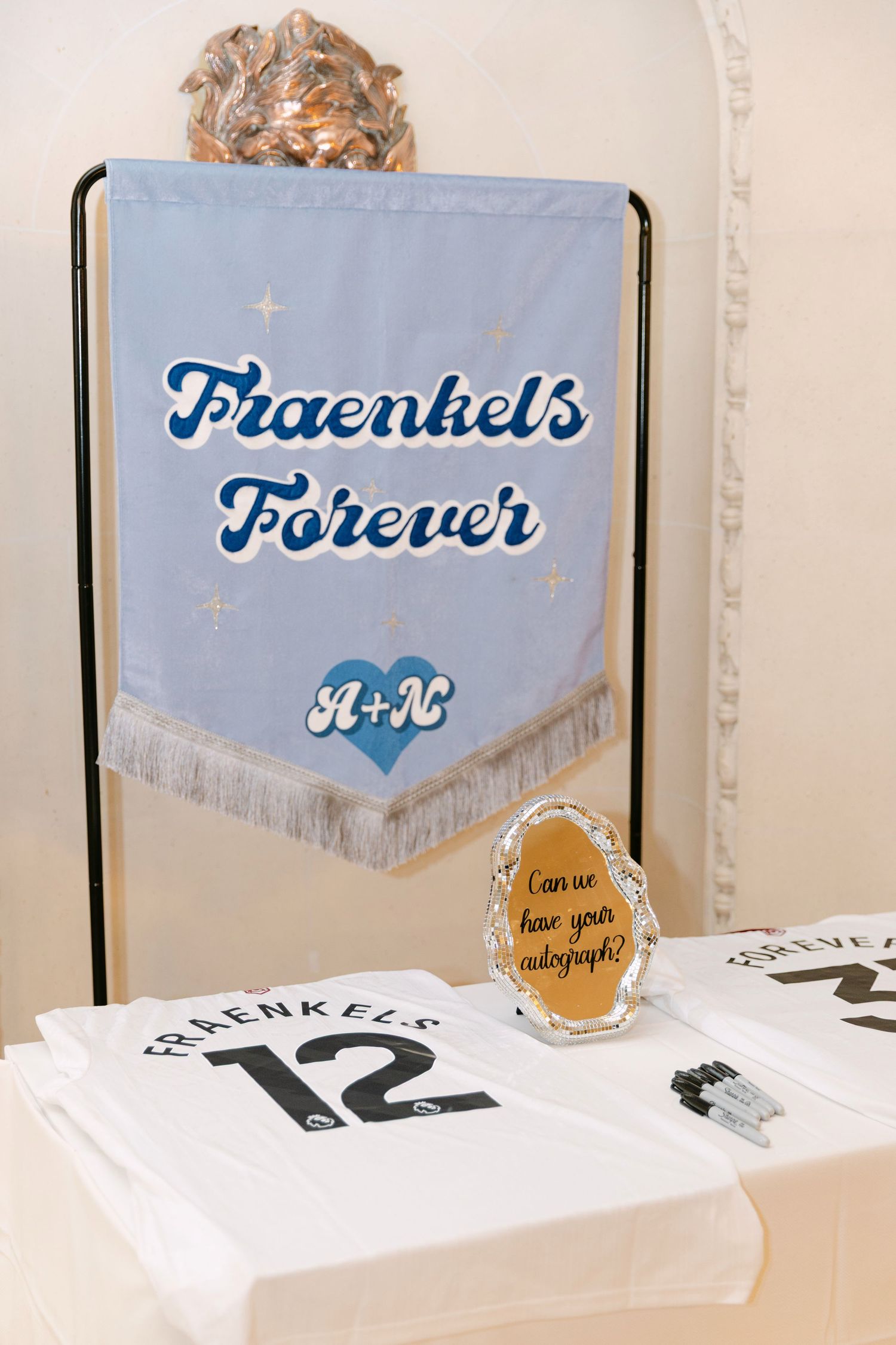 Fraenkels Forever light blue pennant banner displayed above personalized jersey guest book table.