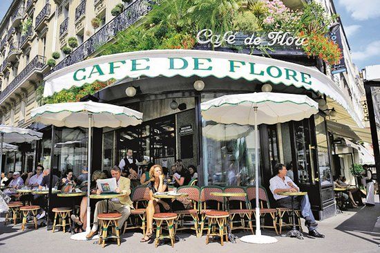 Historic Cafe de Flore in Paris with its iconic green awning and outdoor seating area.