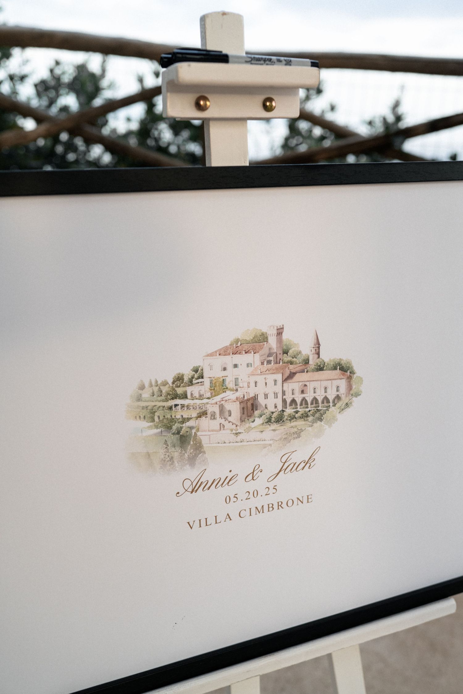 Elegant wedding welcome sign for Annie and Jack dated 05.30.25 featuring watercolor illustration of Villa Cimbrone.