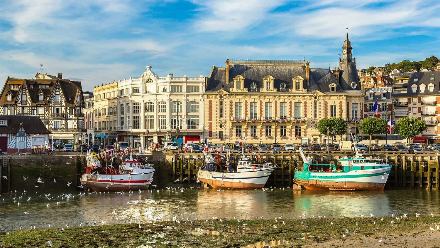 Charming harbor view of traditional French buildings and fishing boats at low tide.