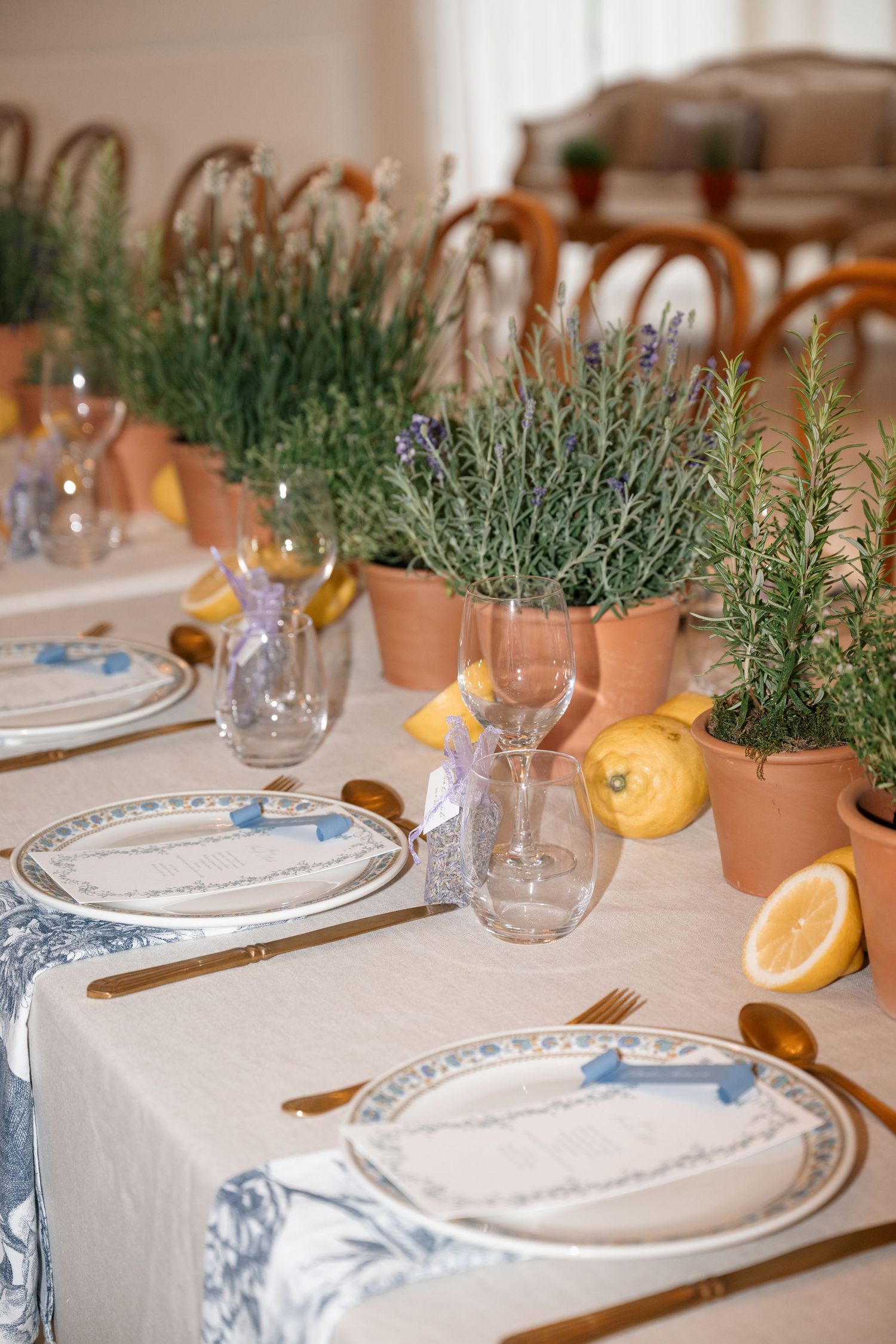Elegant table settings with white linens, blue-rimmed plates, lavender centerpieces and citrus accents.