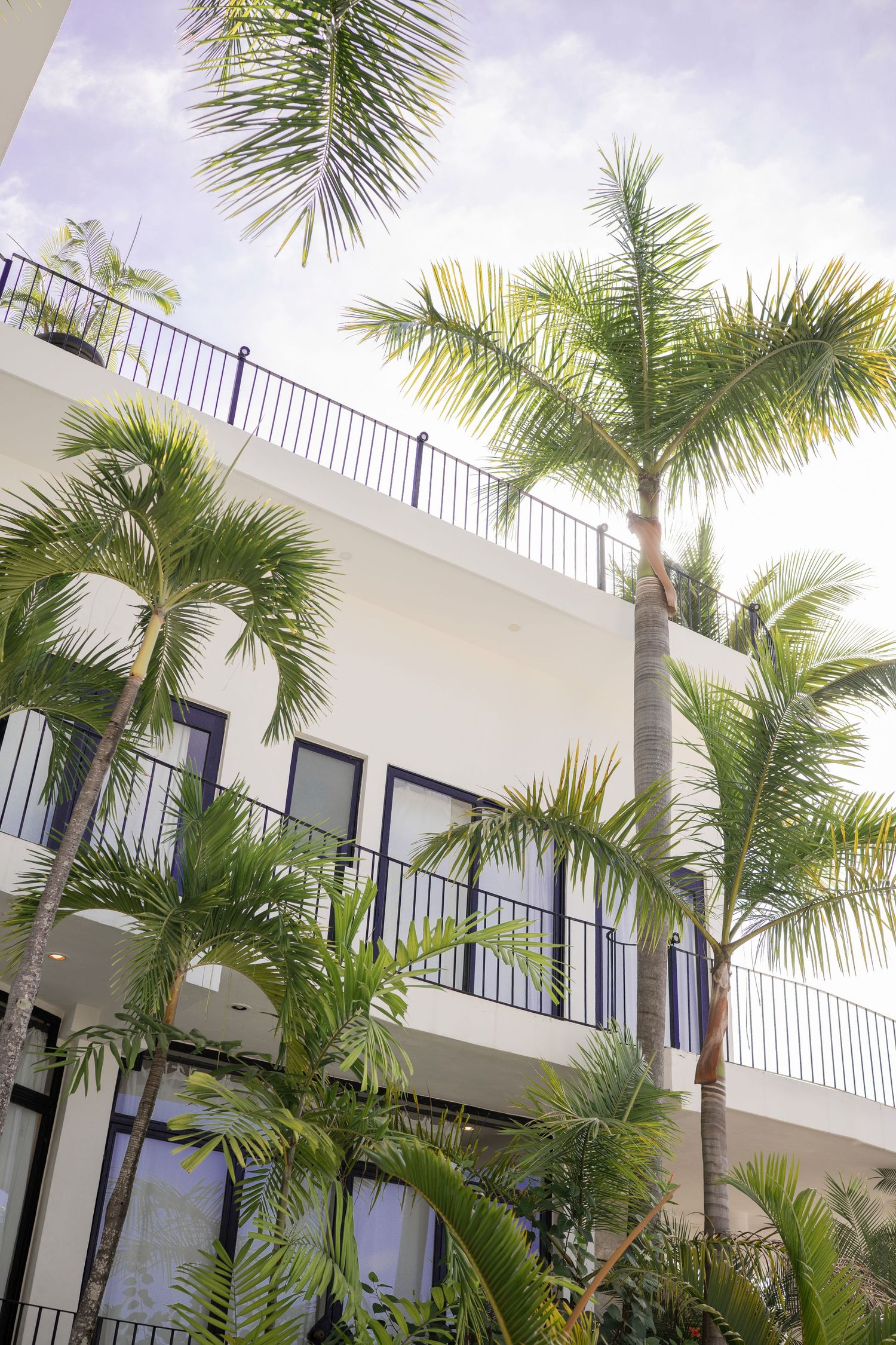 White multi-story tropical resort building with lush palm trees and black iron balcony railings against a cloudy sky.
