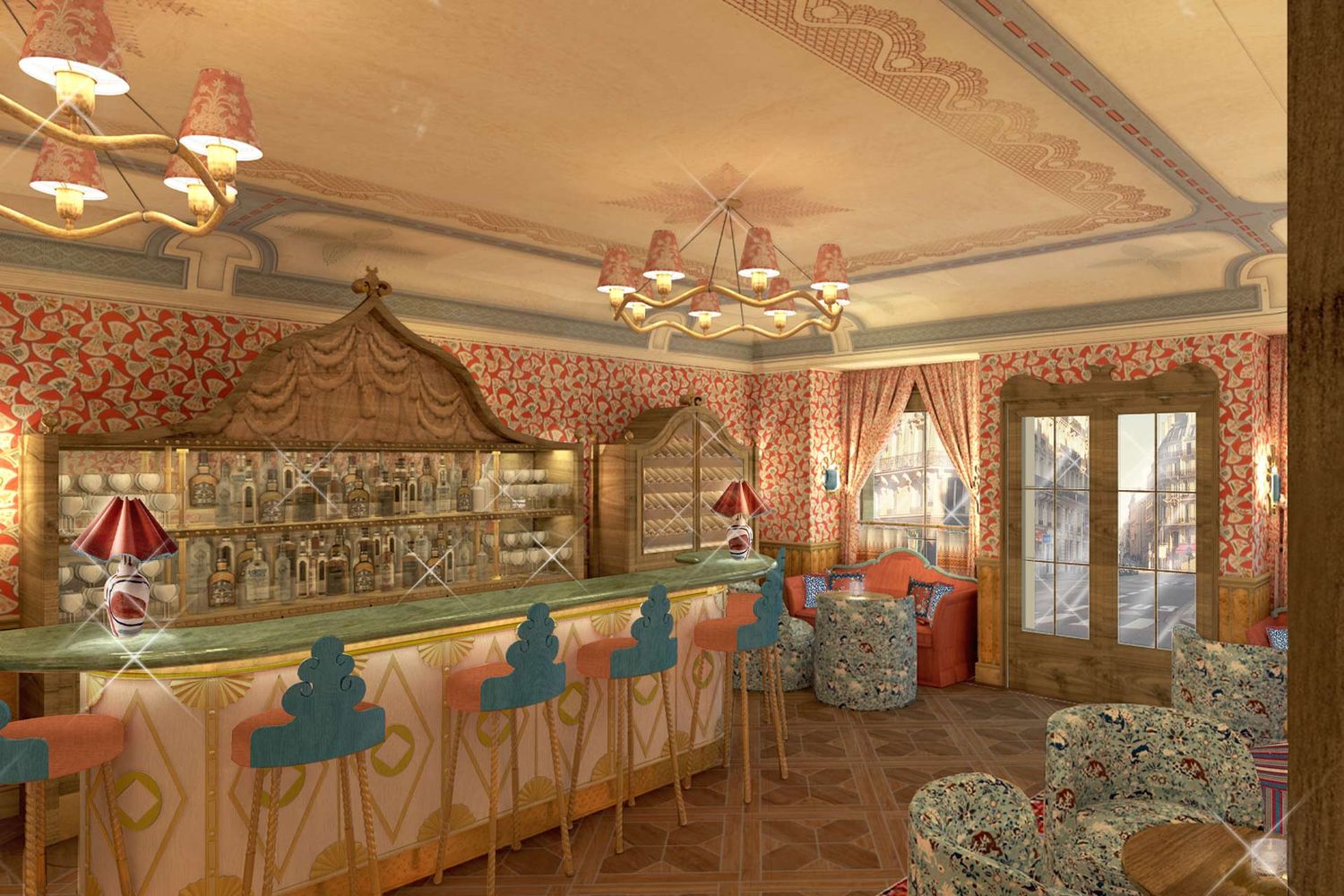 Vintage carousel-themed bar interior with ornate details, turquoise barstools, and decorative lighting in warm tones.