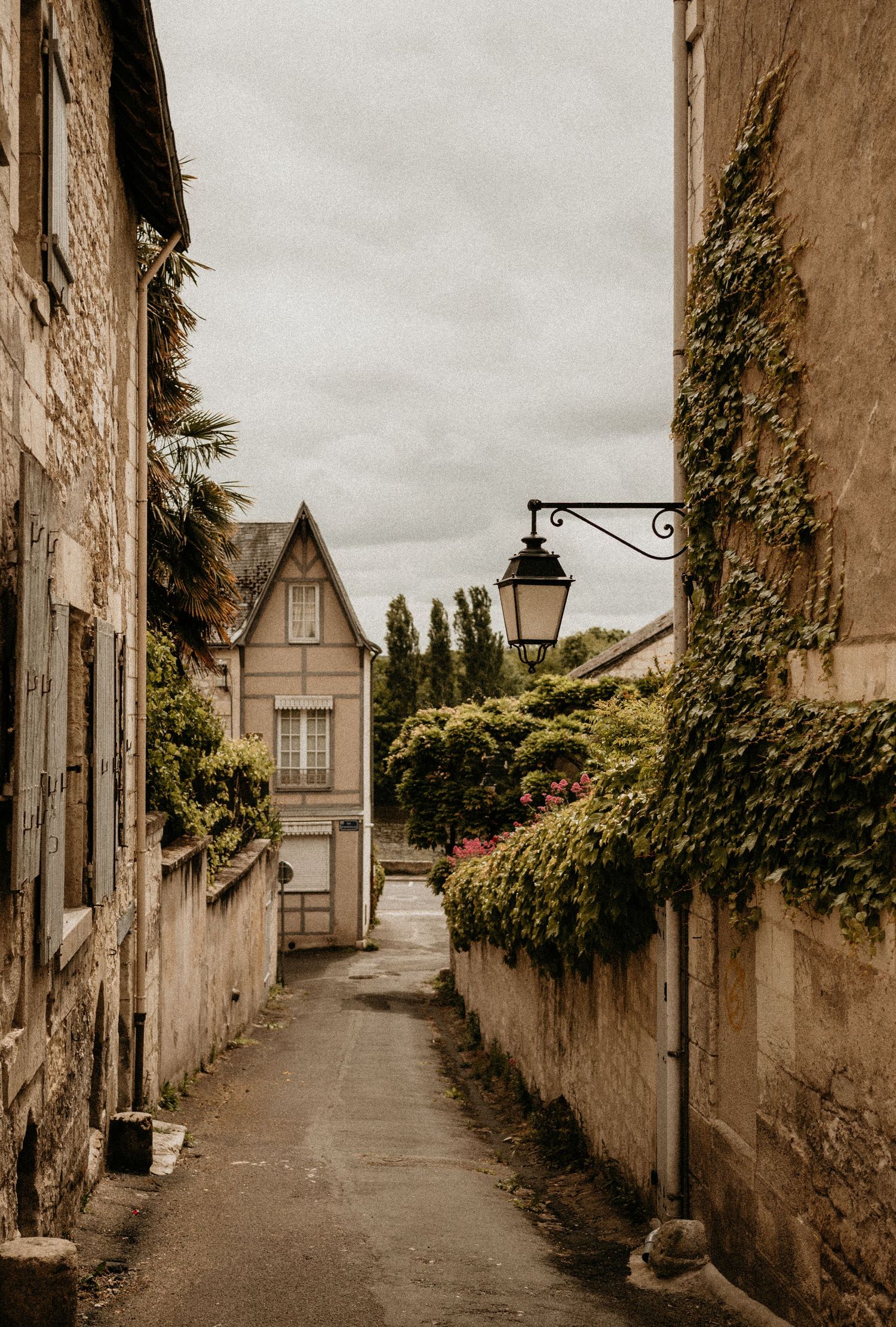 Narrow cobblestone alley between old stone buildings with ivy and vintage lamp post.