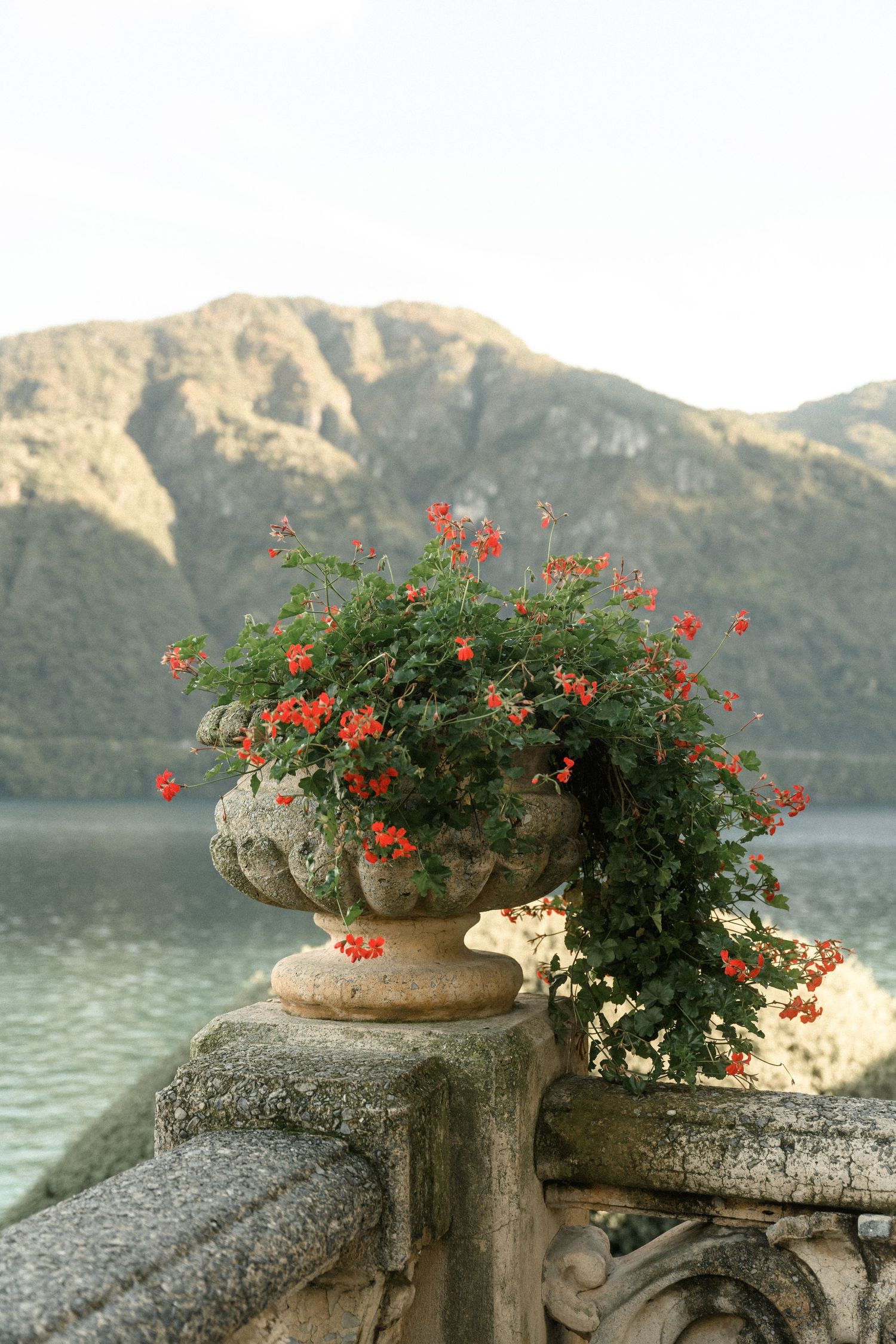 An ornate stone planter with red flowers sits on a balustrade overlooking a scenic mountain lake.
