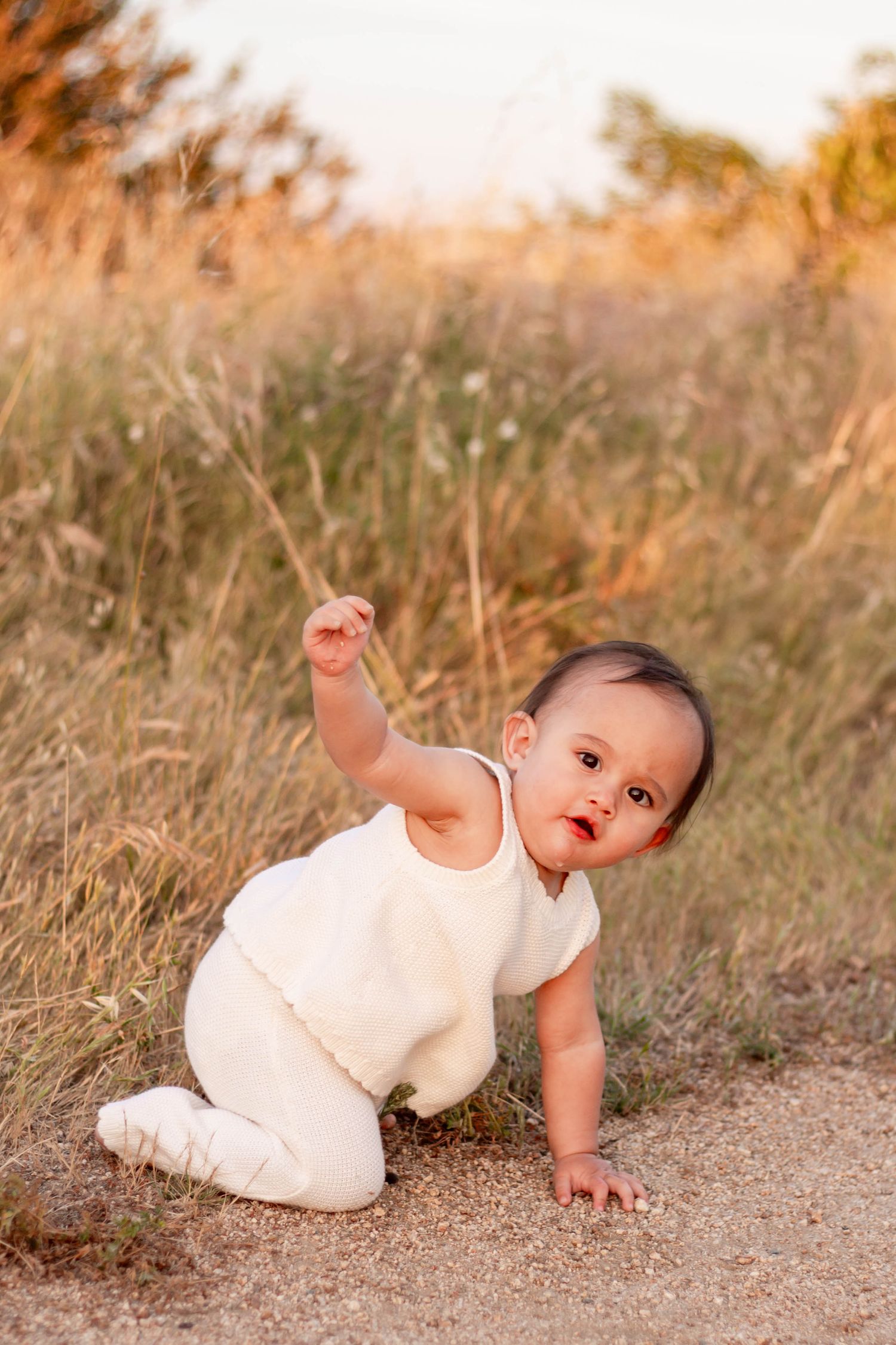 Curious baby in white romper crawling on sandy path surrounded by golden grass.