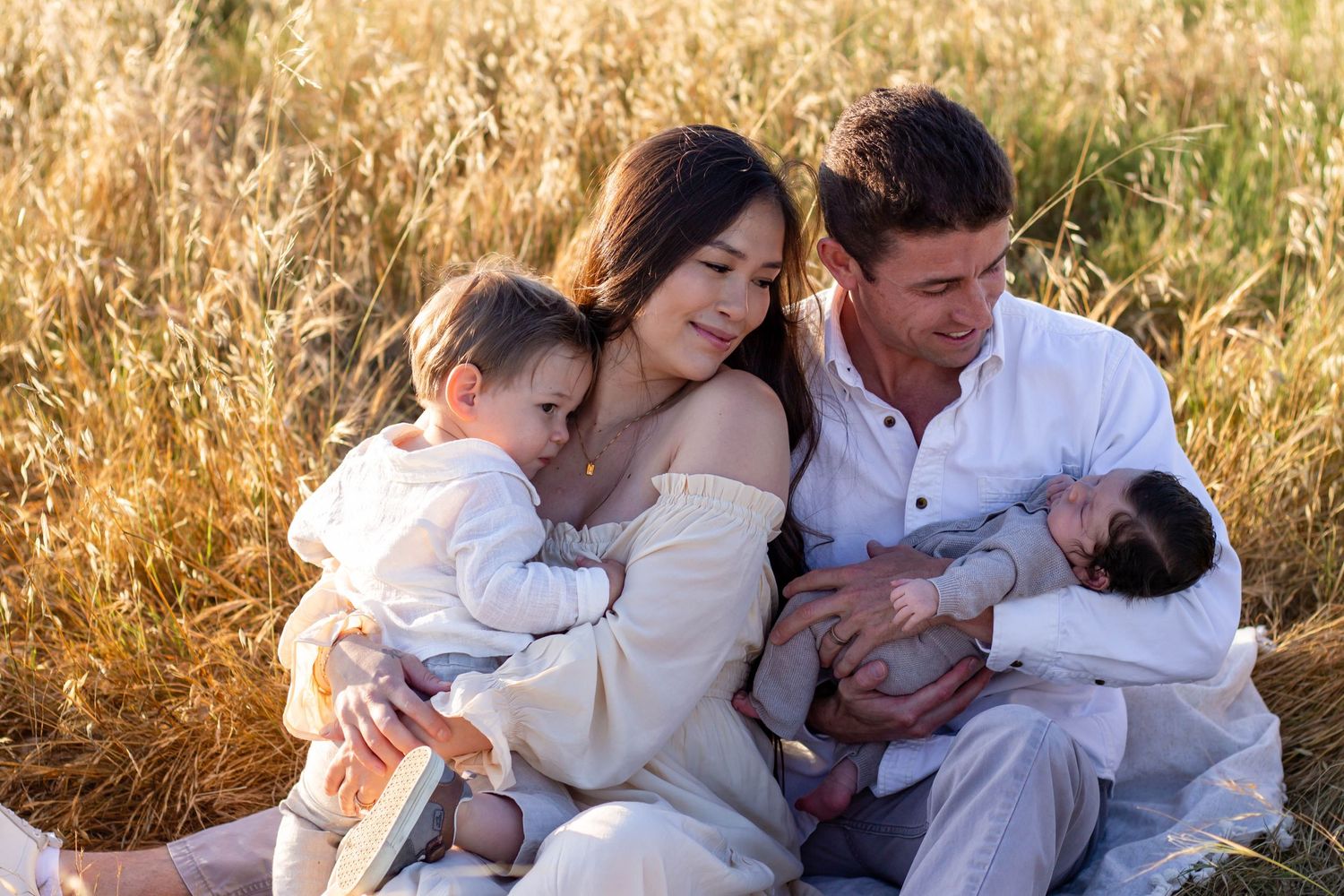Happy family sitting in golden field, parents holding two young children during warm sunset photography session.