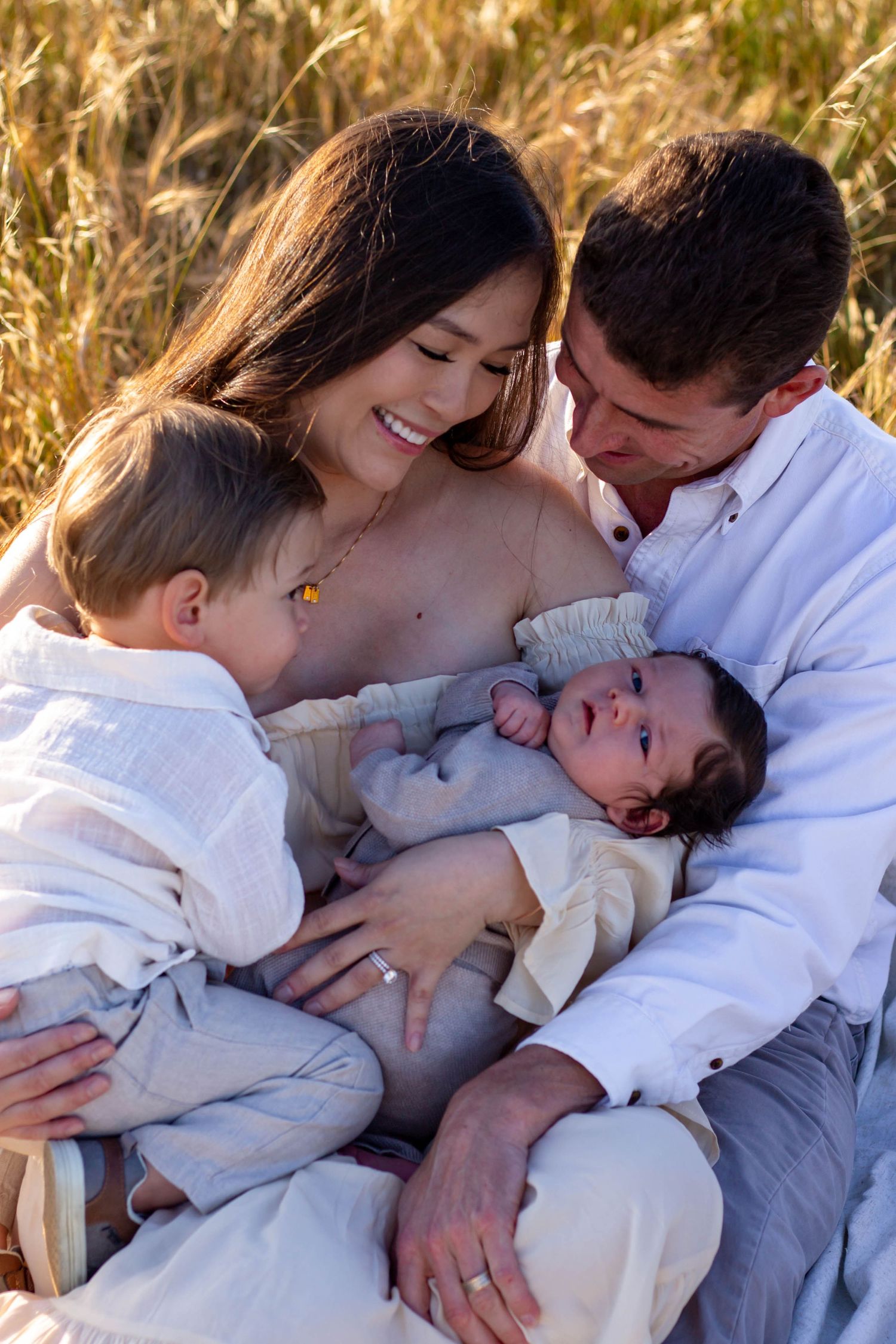 Loving parents smiling at their newborn and toddler while sitting in a sunlit wheat field.