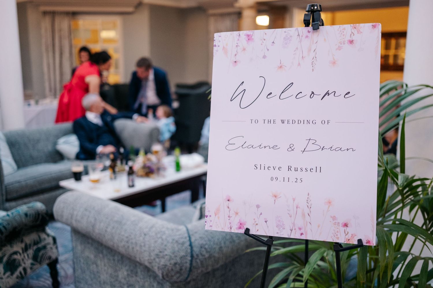 Welcome sign for the wedding of Elaine and Brian at Slieve Russell hotel, displayed in an elegant reception venue.