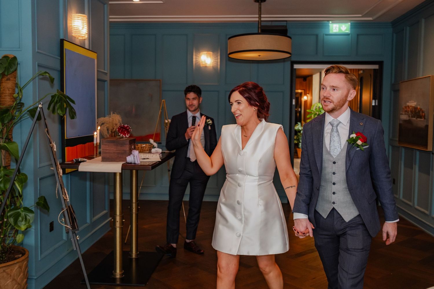 A series of candid wedding moments captured during reception, featuring dancing, laughter, and guests in formal attire.