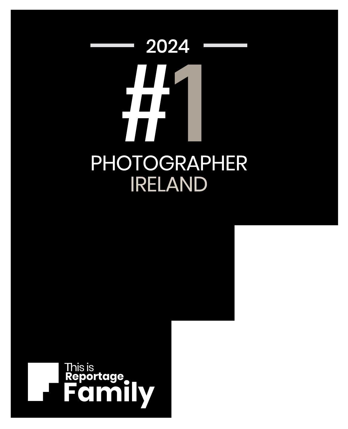 Black and white logo showing number 1 Photographer Ireland 2024 by This is Reportage Family.