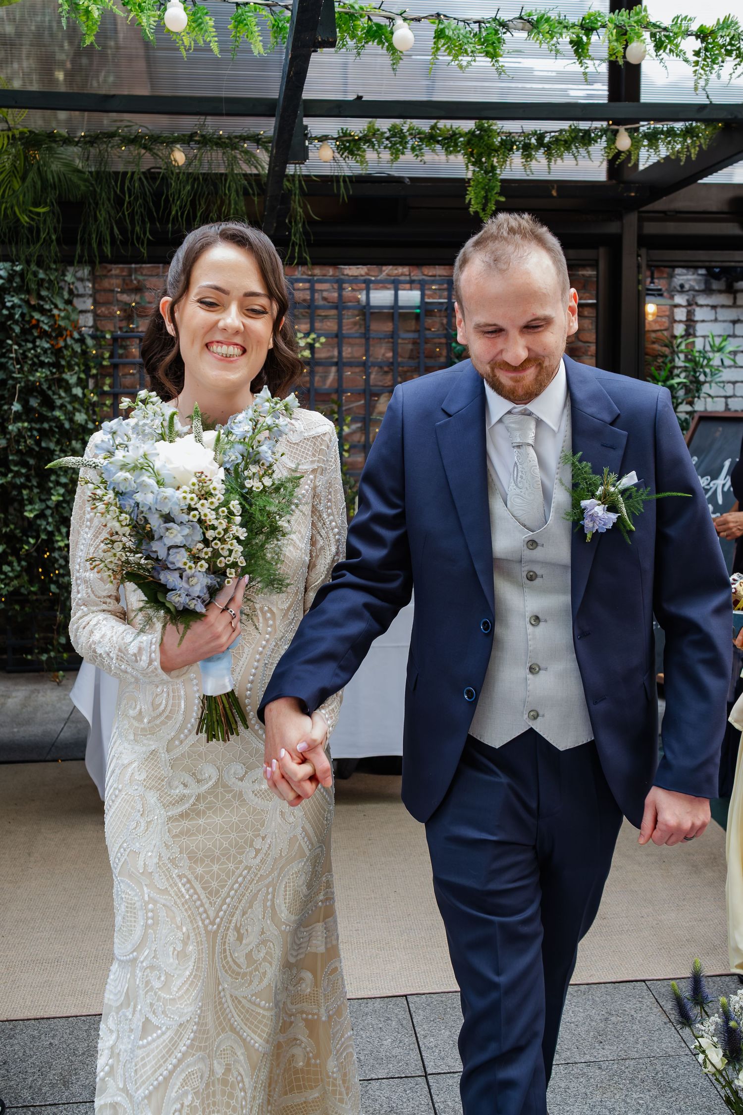 A happy wedding couple shares joyful candid moments together in a series of casual outdoor photos.