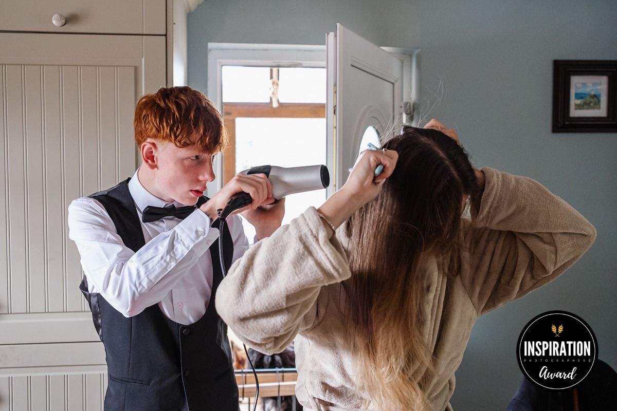 Wedding day preparation moments captured in sequence against gray walls.