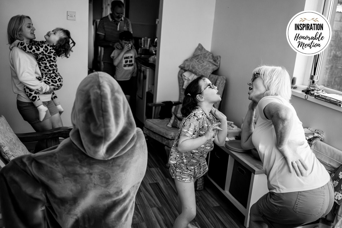 A series of black and white photographs showing people in various daily activities and interactions.