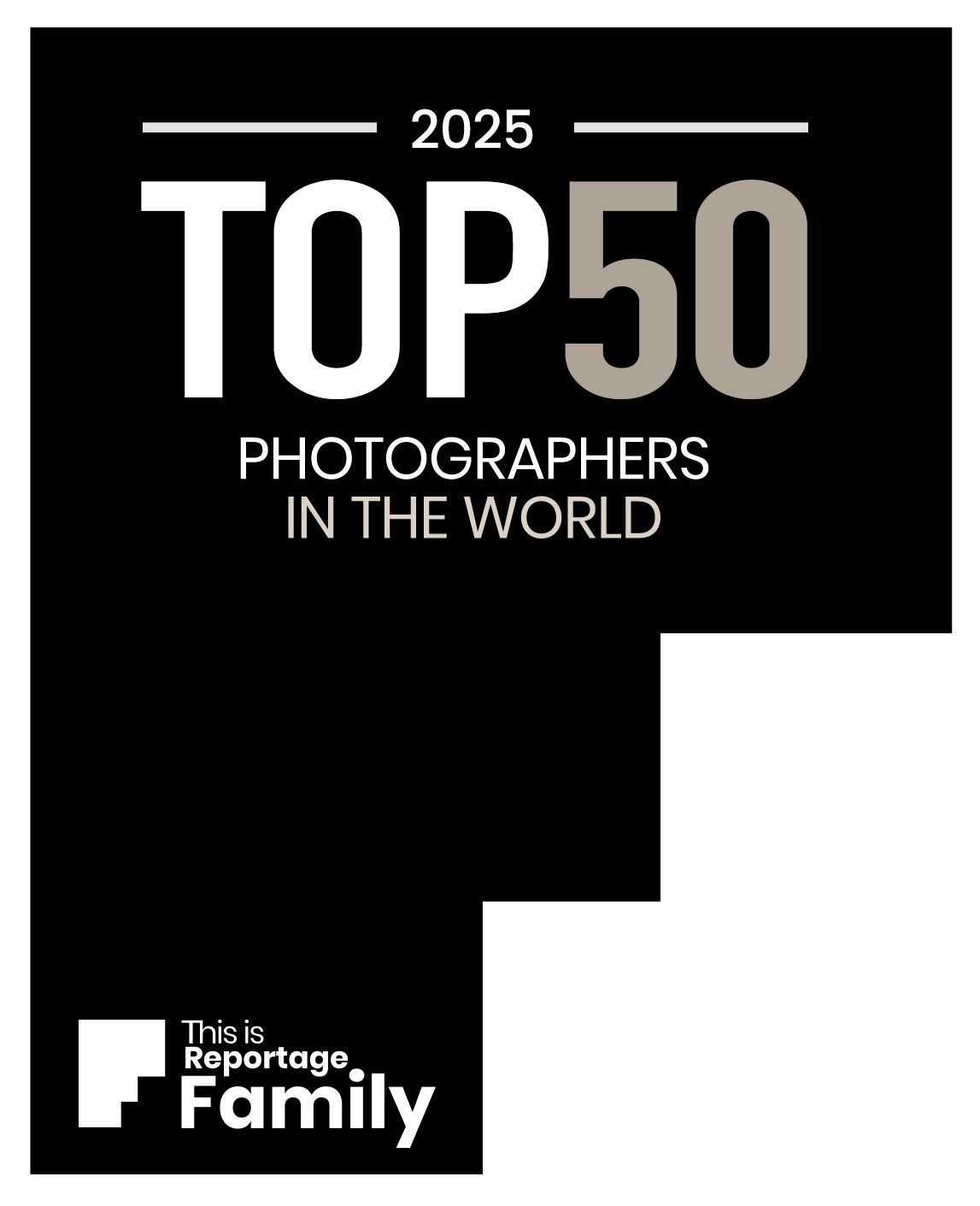Black and white logo design for 'Top 50 Photographers in the World 2025' by This is Reportage Family.