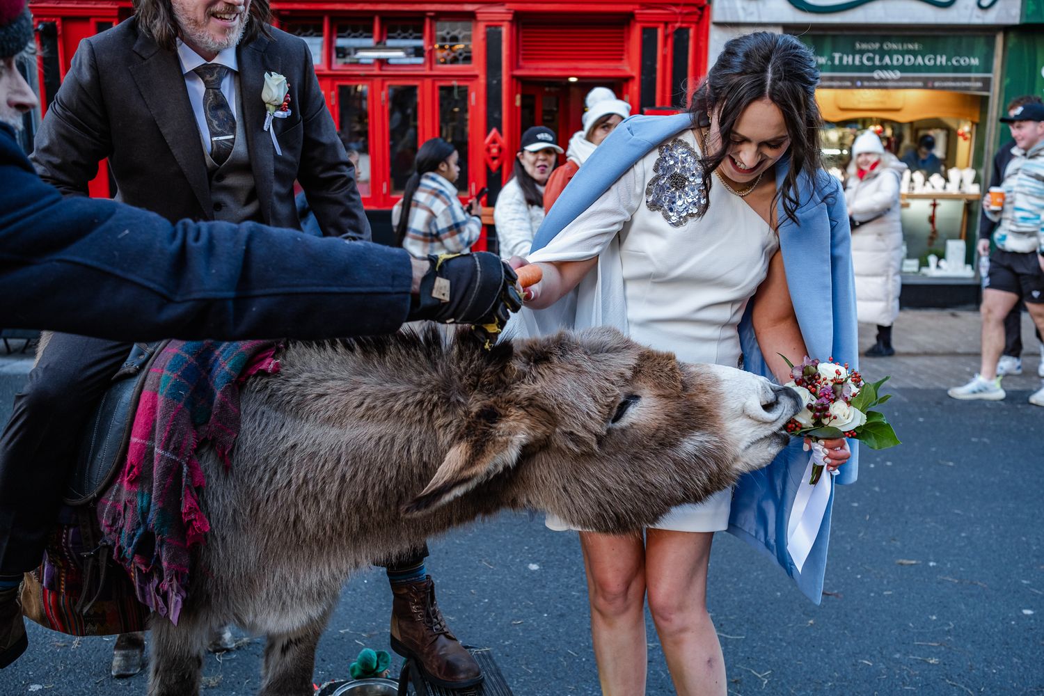 People interact with donkeys on a busy city street during a festive event.