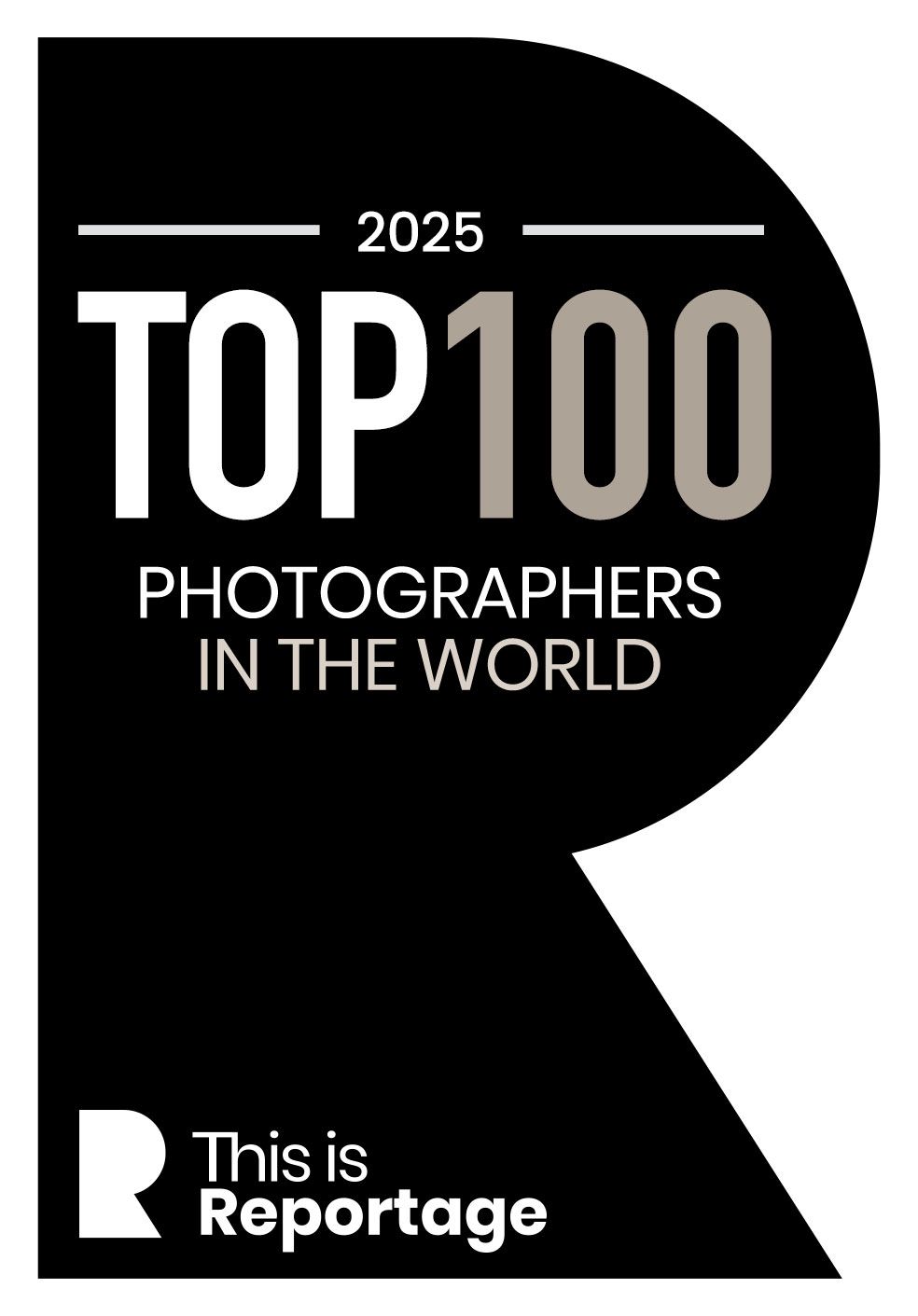 Black and white logo design for Top 100 Photographers in the World 2025 by This is Reportage.
