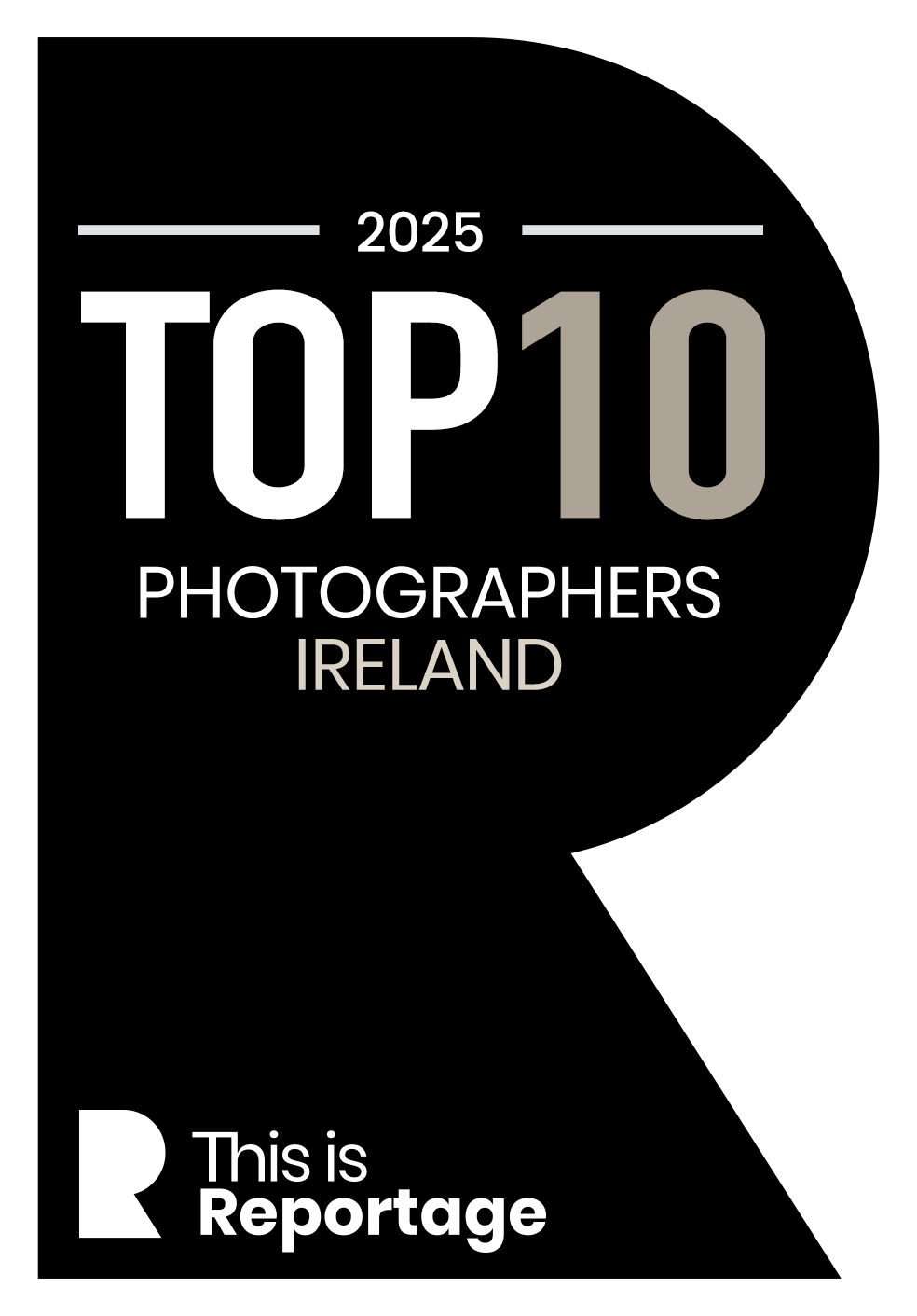 Black and white logo for Top 10 Photographers Ireland 2025 by This is Reportage.