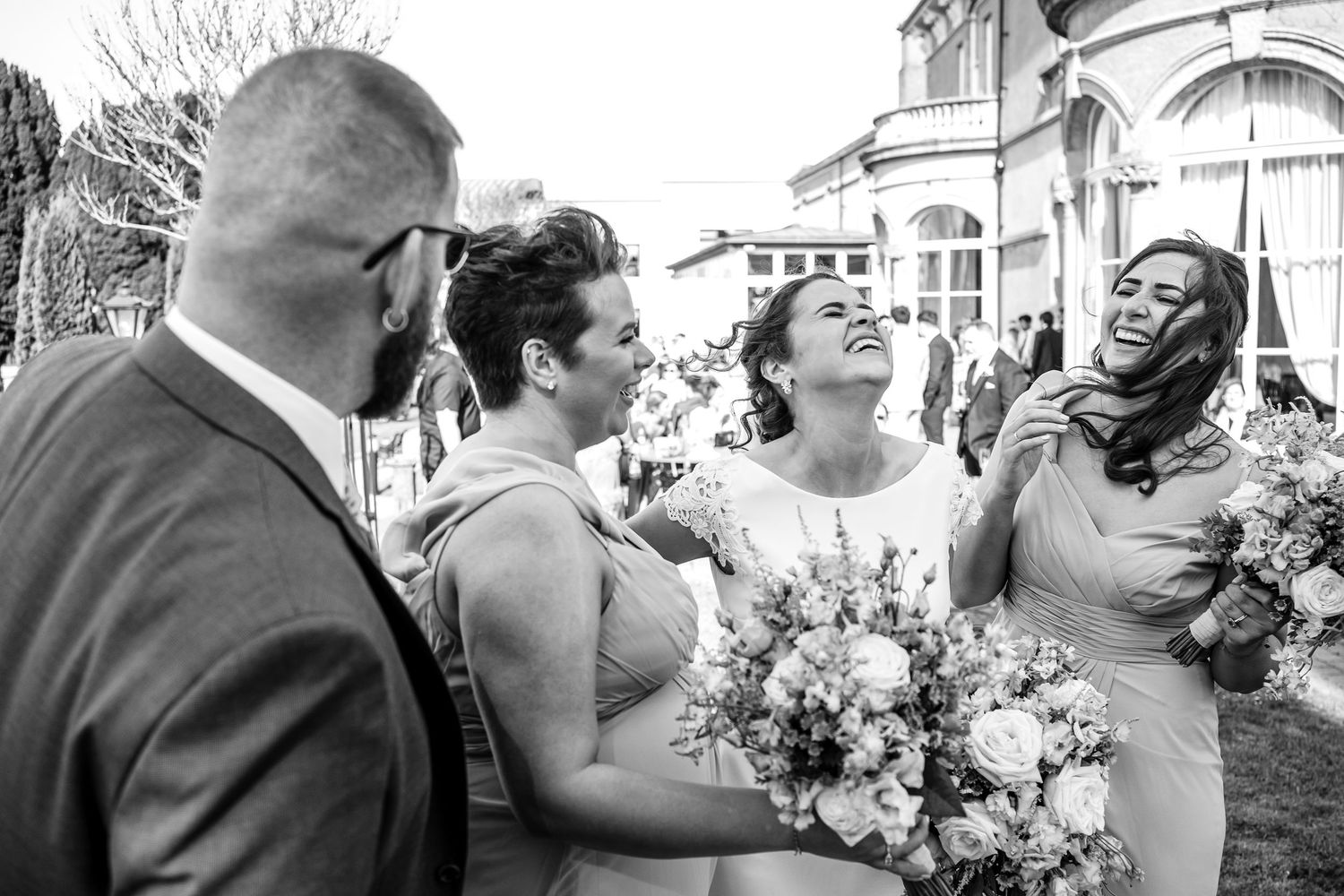 A collection of black and white wedding photos showing couples and bouquets during celebration moments.