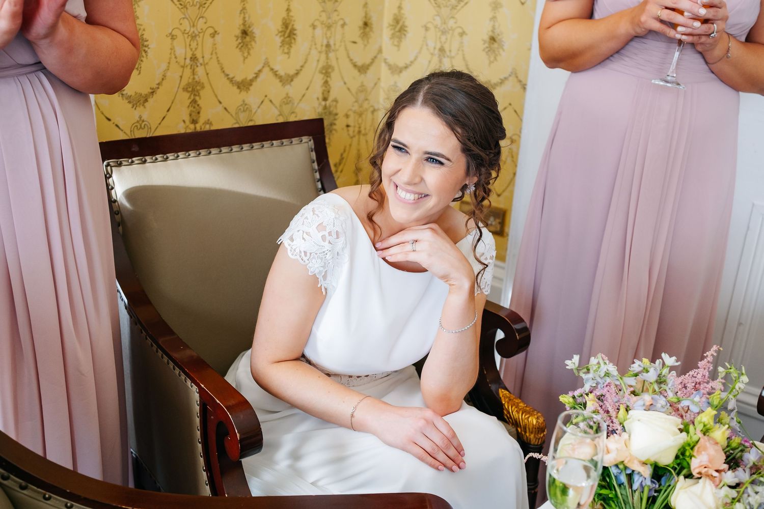 A collection of wedding preparation moments shows bridesmaids in blush pink dresses and a bride in her gown.