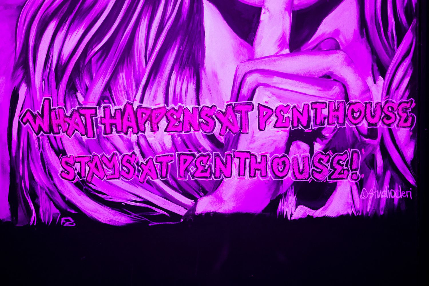 Abstract purple light trails create a dynamic neon pattern against a black background in multiple frames. Penthouse Playrooms, Dunstable