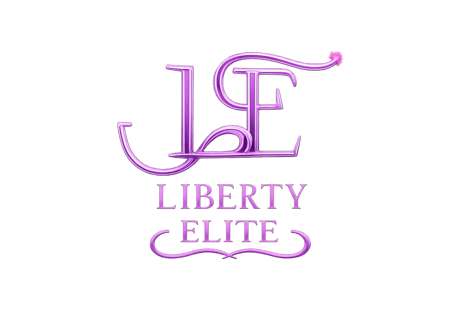 Purple stylized logo design featuring interlocked 'LE' letters with 'Liberty Elite' text underneath in elegant script.