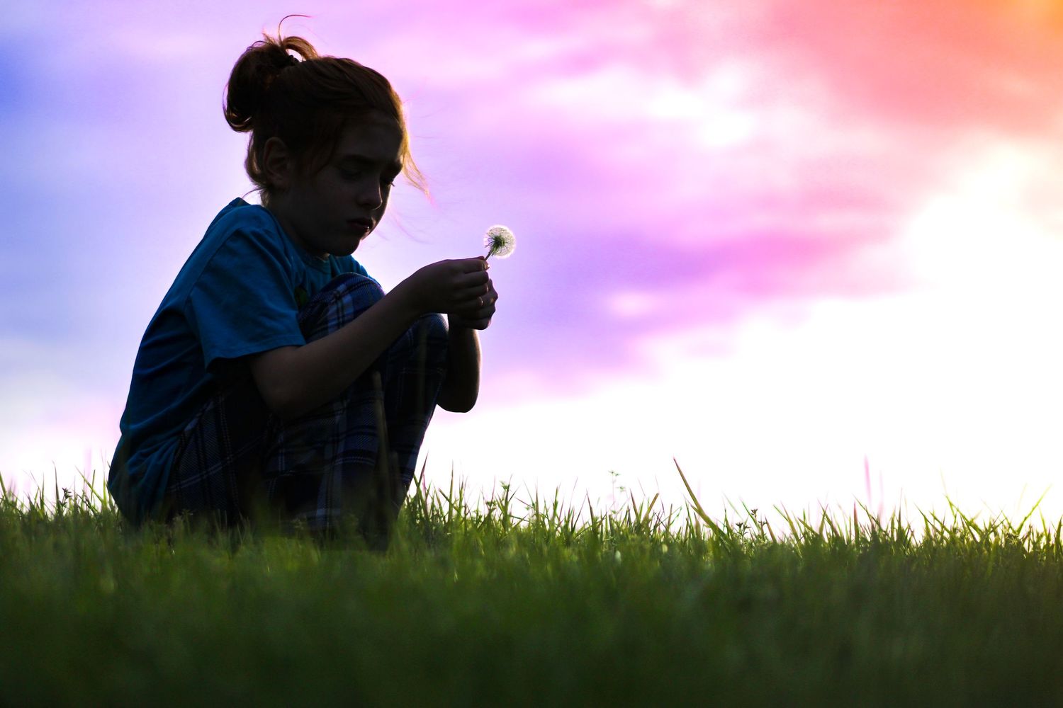 Silhouette of a child holding a dandelion while sitting in grass under a colorful sky.