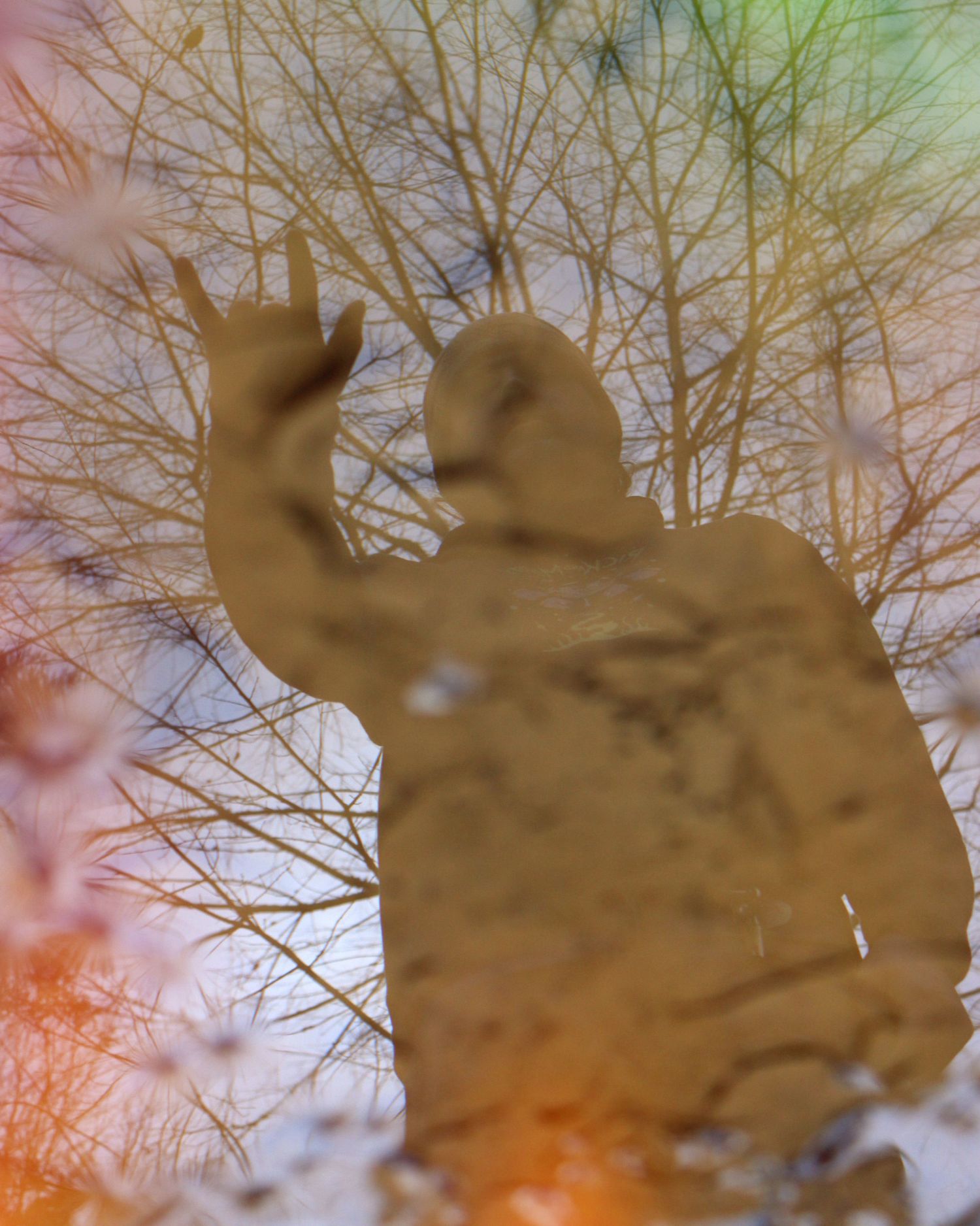 Artistic double exposure reflection of a person making a hand gesture, blended with bare winter trees in warm tones.