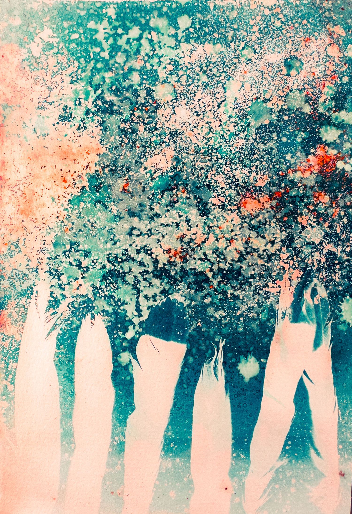 Abstract art of figures beneath colorful blooming trees in teal, coral, and white tones.