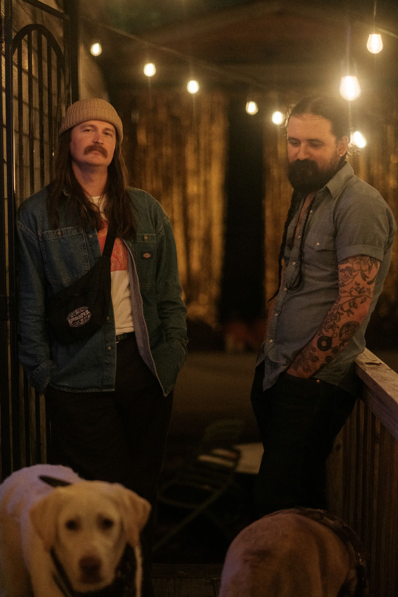 Two bearded men with tattoos standing outdoors at night with string lights and a yellow Labrador dog.