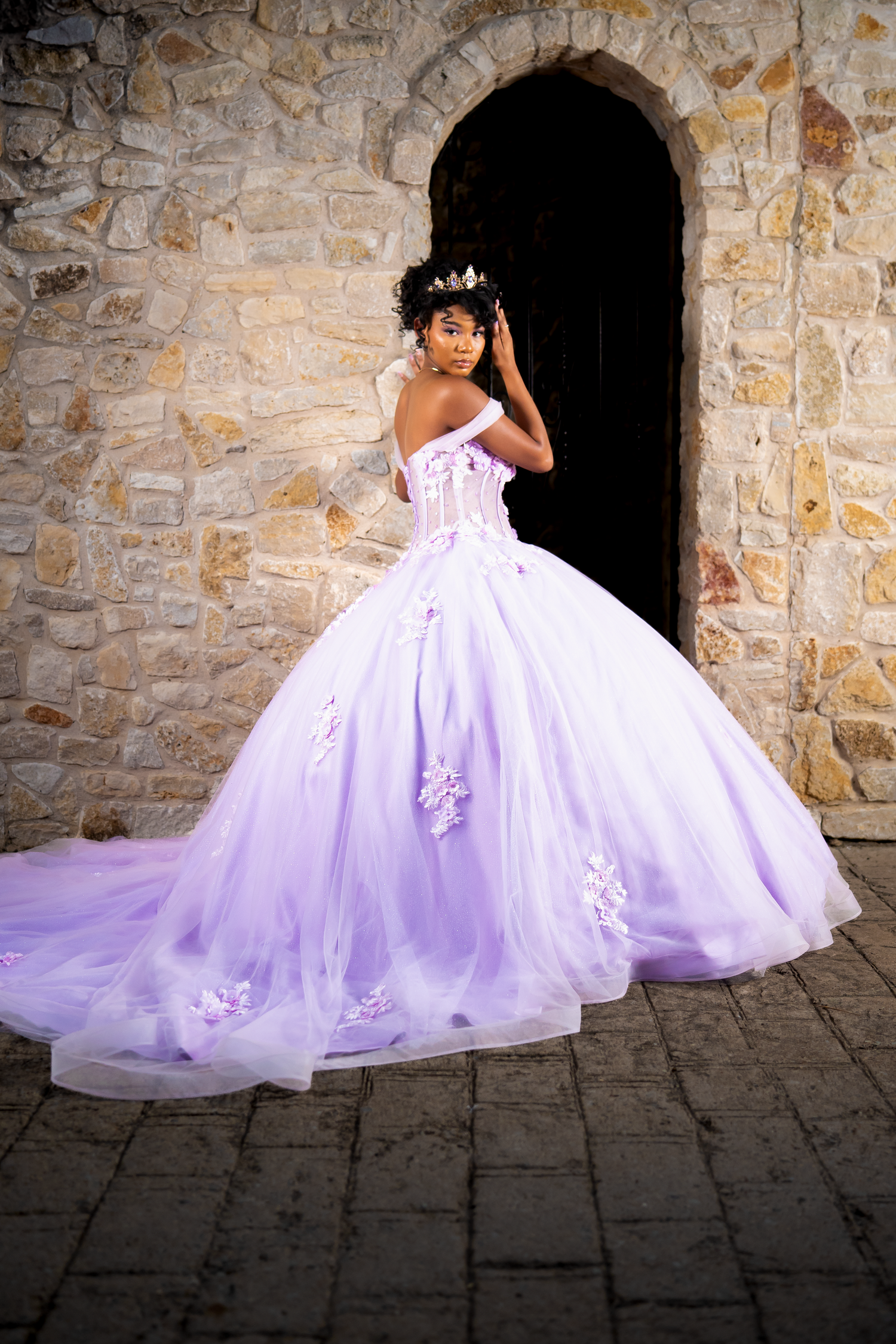 Quinceañera portrait in purple ball gown captured by Kin & Lens Creative Media event photographer in Dallas Fort Worth