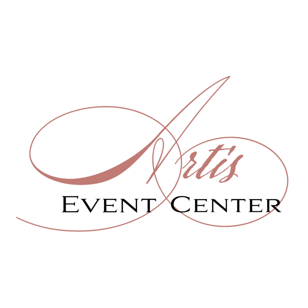 Elegant red script logo design for Artis Event Center with flowing calligraphic text on white background.