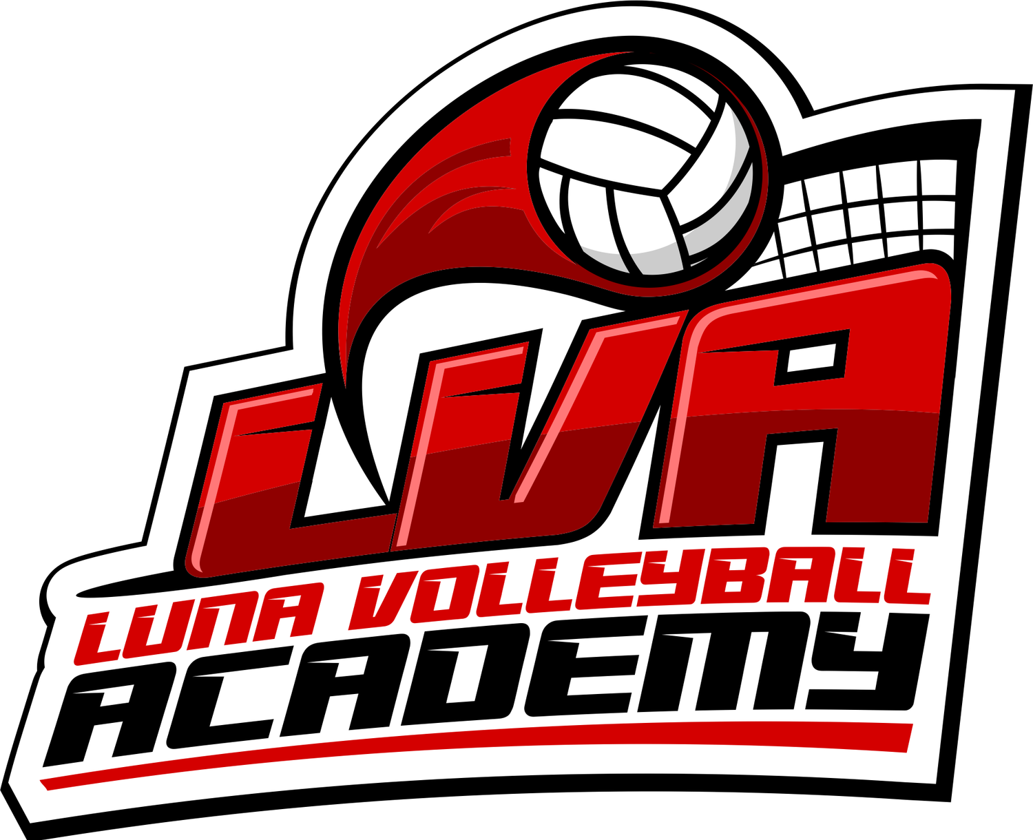 A red and black volleyball academy logo with text and volleyball design elements with the words Luna Volleyball Academy