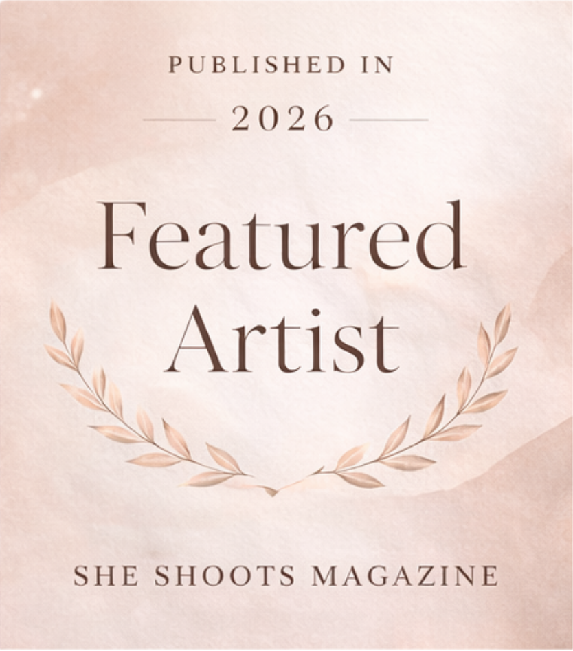 Elegant wedding photography award badge design with 'Featured Artist' and 'She Shoots Magazine' text in rose gold tones.