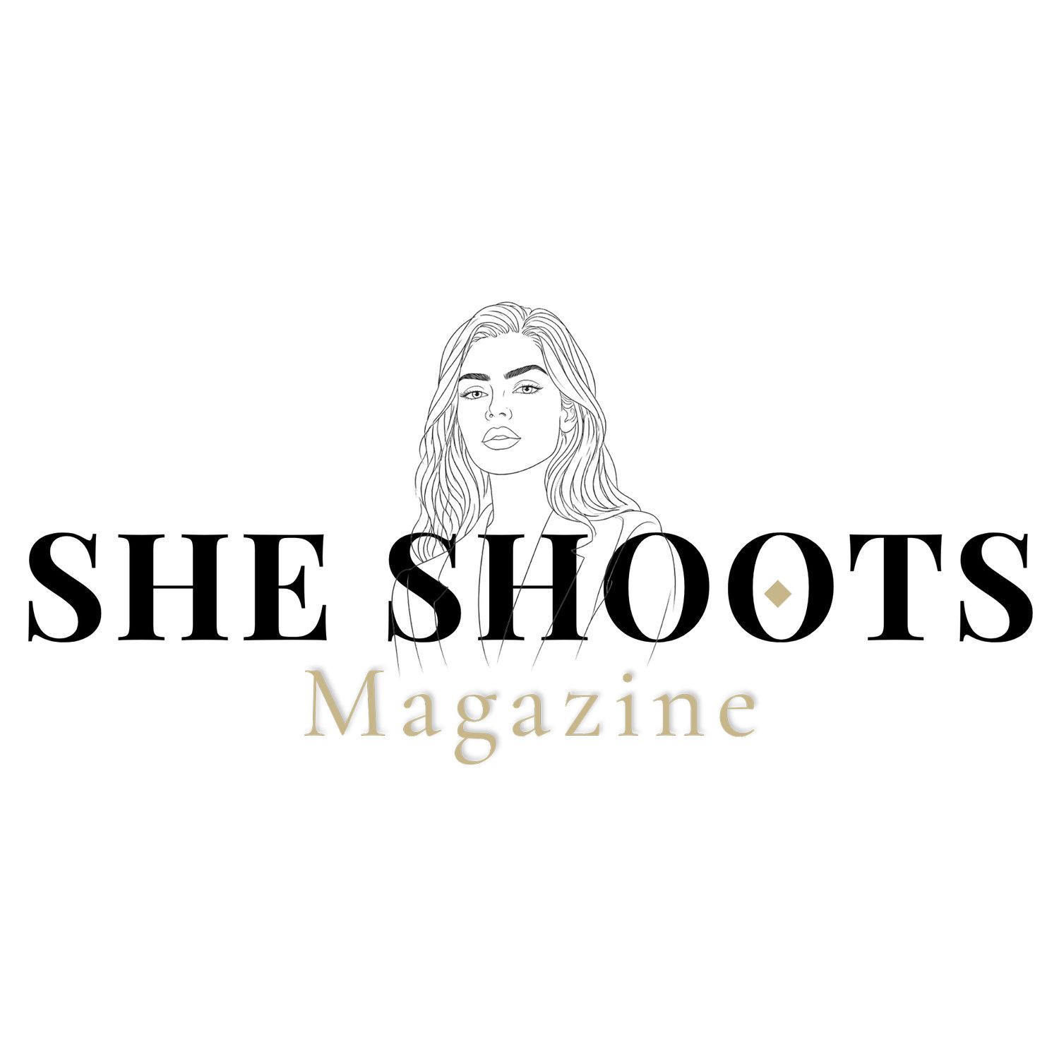 She Shoots Magazine logo featuring a minimalist line art portrait of a woman with flowing hair above bold typography.