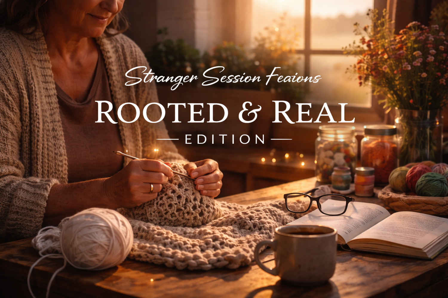 A cozy living room scene with warm lighting features someone reading by a window with a chunky knit blanket and hot drink.