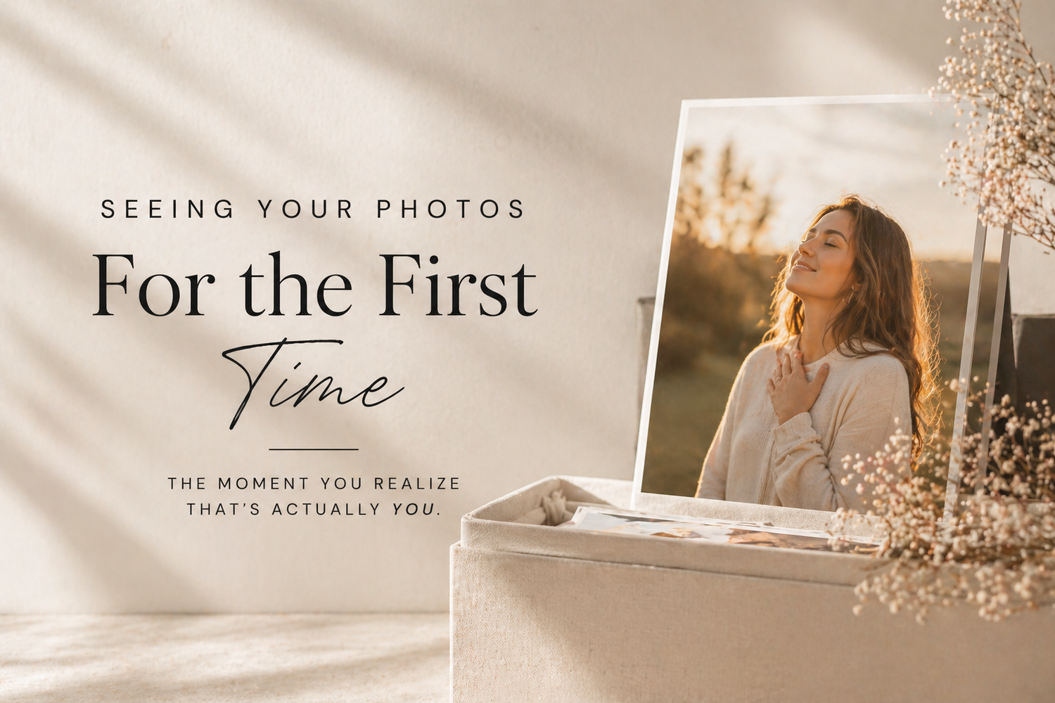 A promotional banner for a photography service featuring a woman gazing upward with soft natural light and floral accents.