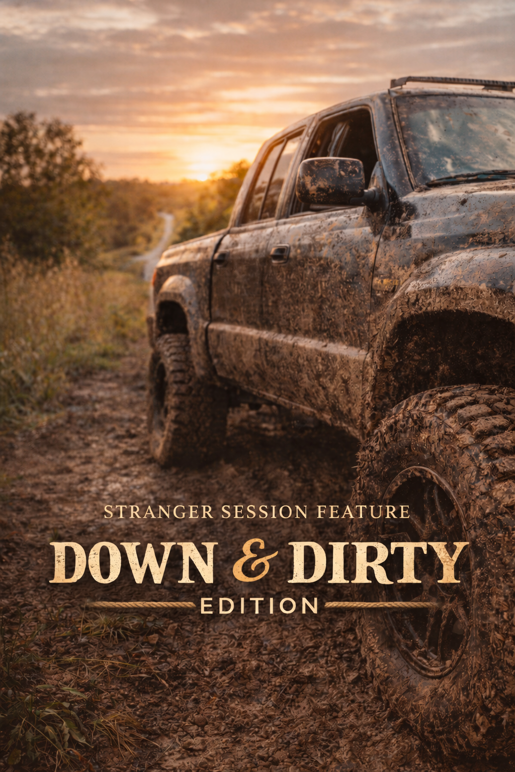 Mud-covered pickup truck photographed at sunset during an off-road adventure with dramatic orange sky in background.
