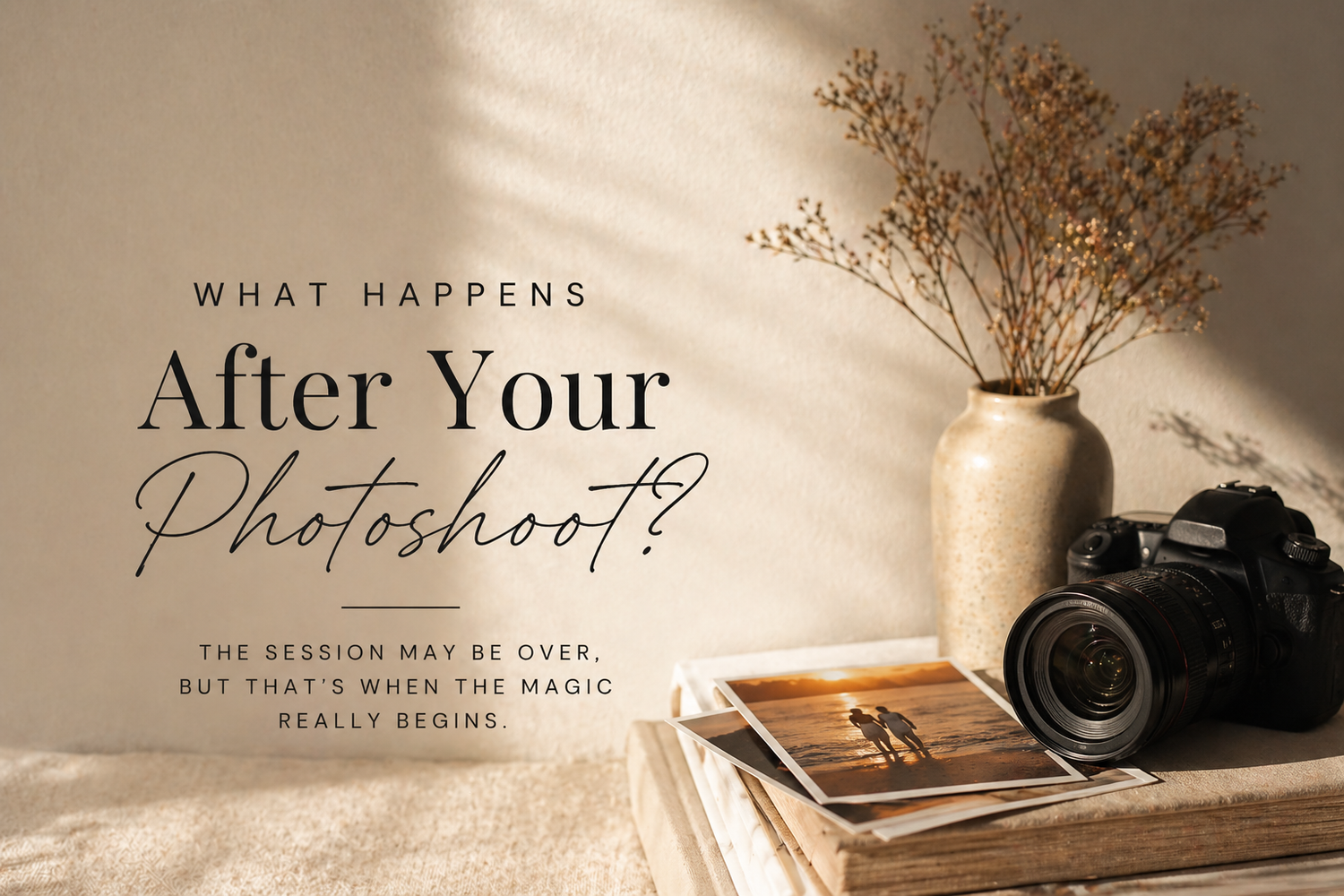 Elegant flat lay with a DSLR camera, dried botanicals in a vase, and text about post-photoshoot magic on a neutral background.
