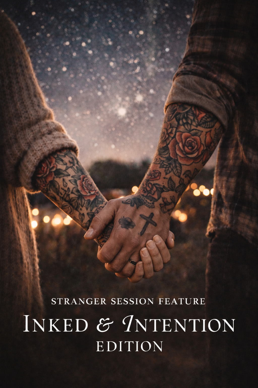 Two tattooed hands holding each other against a starry night sky with bokeh lights in the background.