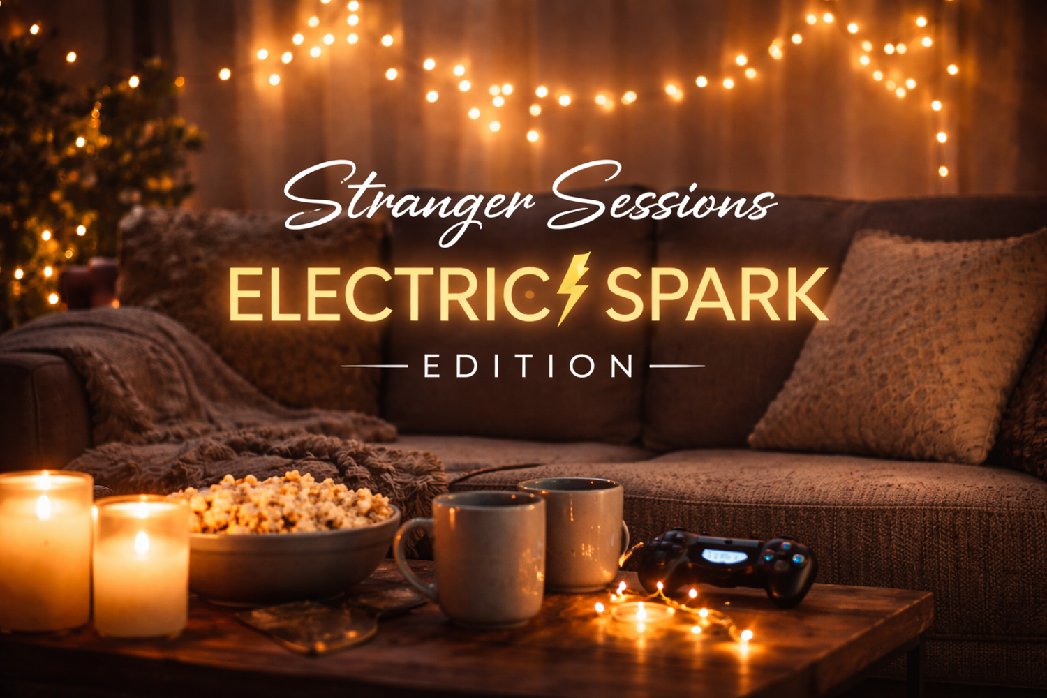 Cozy living room scene with string lights, candles and coffee mugs on a table creating a warm ambiance.