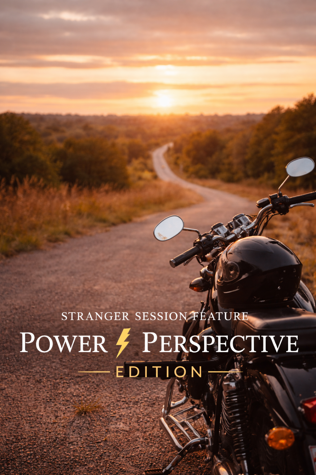 Motorcycle silhouetted against vibrant orange sunset on dirt road with text overlay showing 'Power Perspective Edition'.