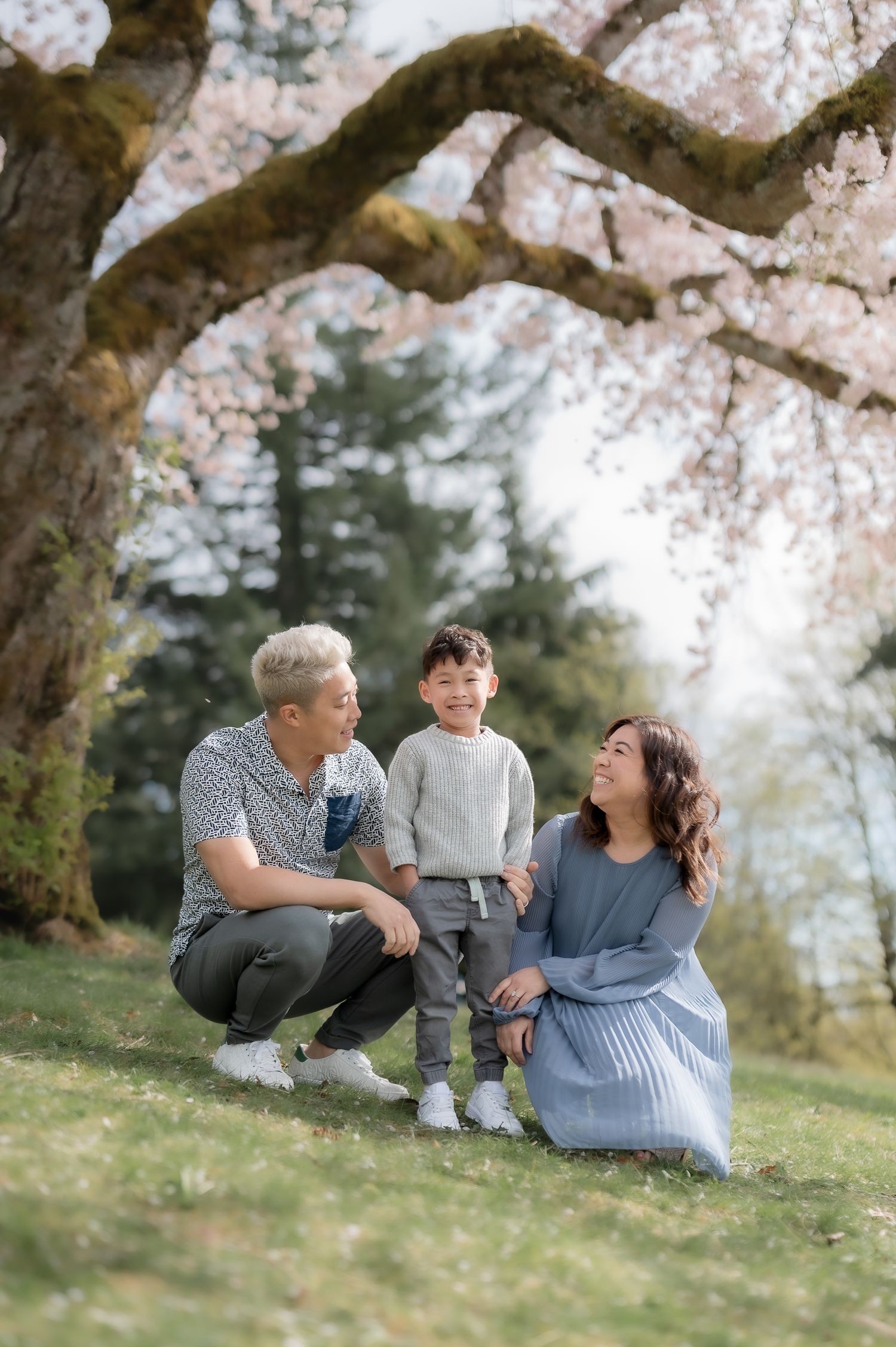 A family enjoys a spring day together under blooming cherry blossom trees in a serene outdoor setting.