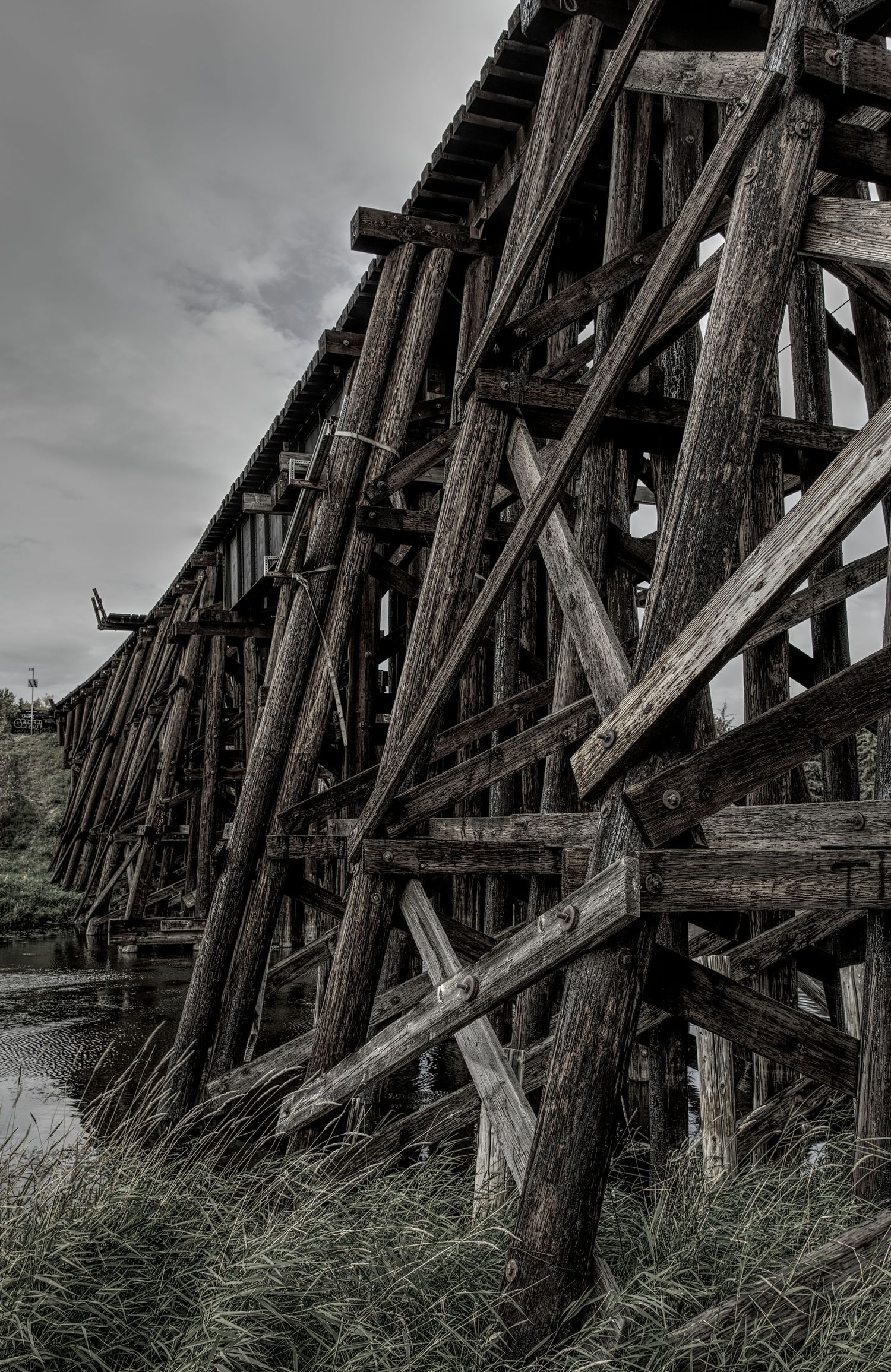 Weathered wooden railroad trestle bridge with diagonal support beams stretches across tall grass in moody lighting.