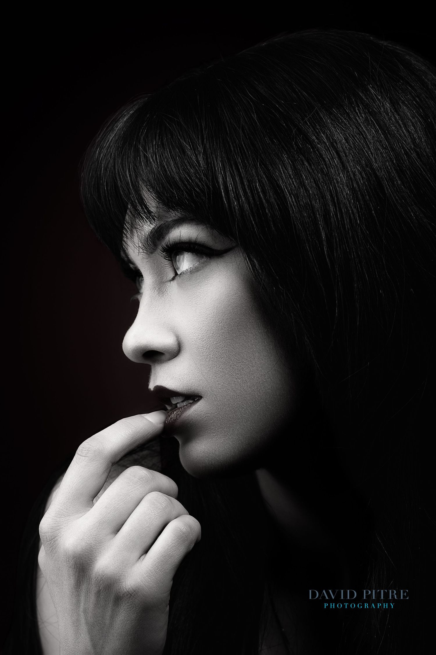 Artistic black and white profile portrait with dramatic shadows highlighting dark hair and lips against dark background.