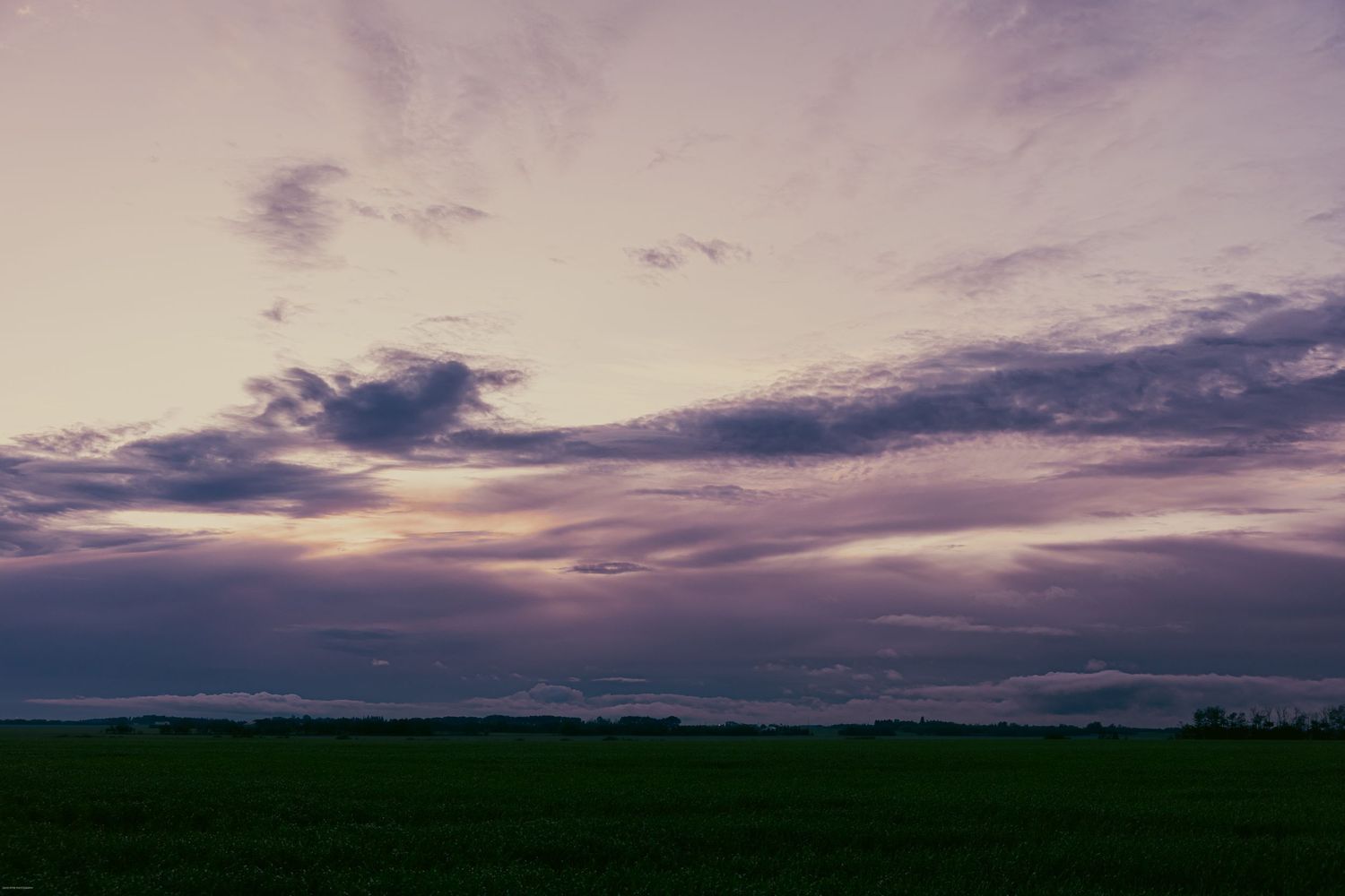 A stunning panoramic view of a rural landscape at sunset with dramatic purple and pink clouds stretching across the horizon.